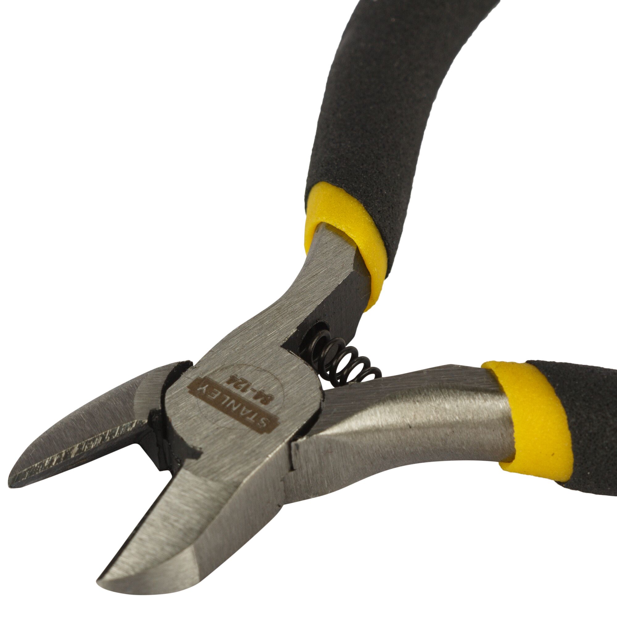 STANLEY STHT84124-8 diagonal cutting pliers with black and yellow grips, close-up on white background.