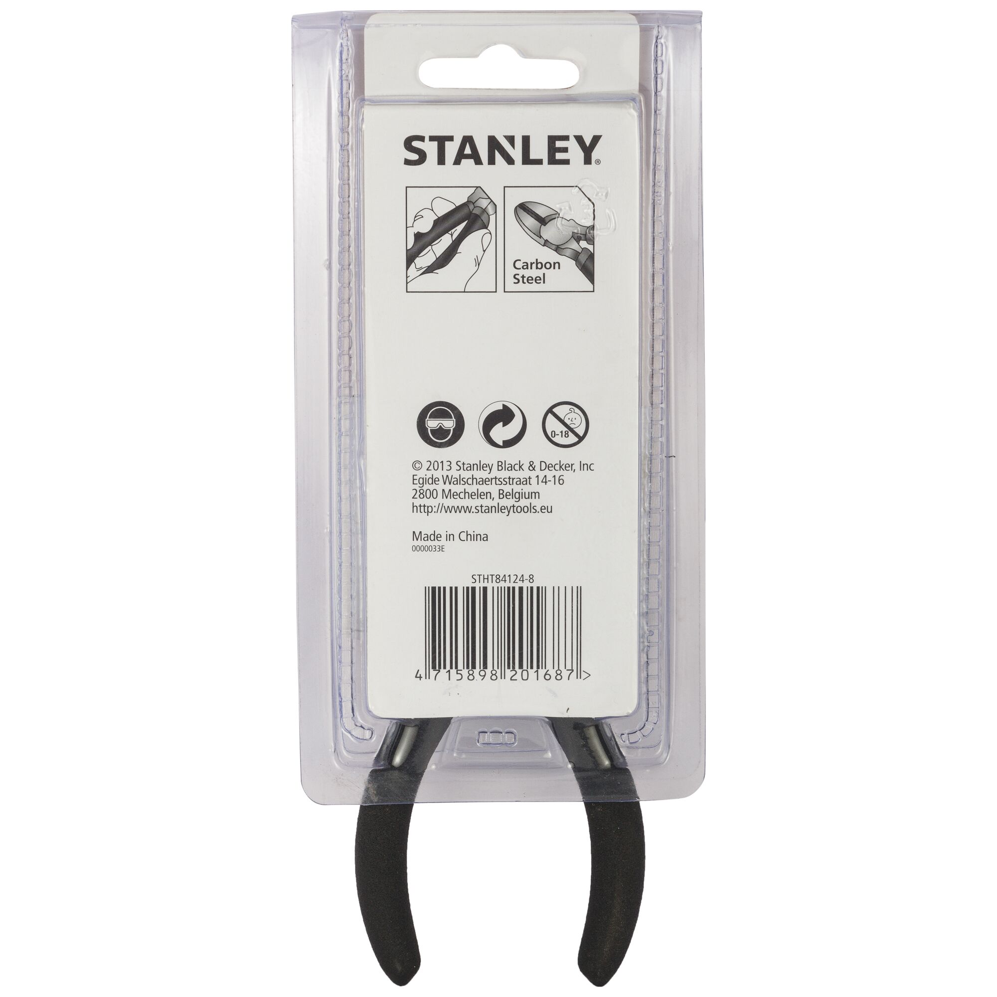 Stanley STHT84124-8 carbon steel pliers packaging, rear view, product label and barcode visible.