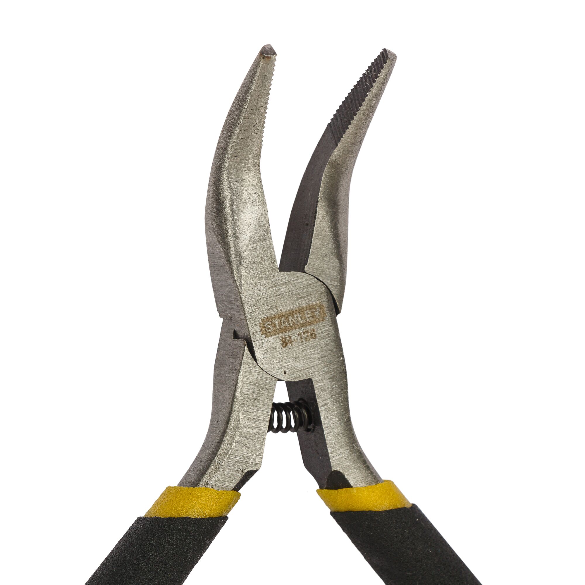 STANLEY STHT84126-8 long nose pliers with black and yellow handles, front view on white background.