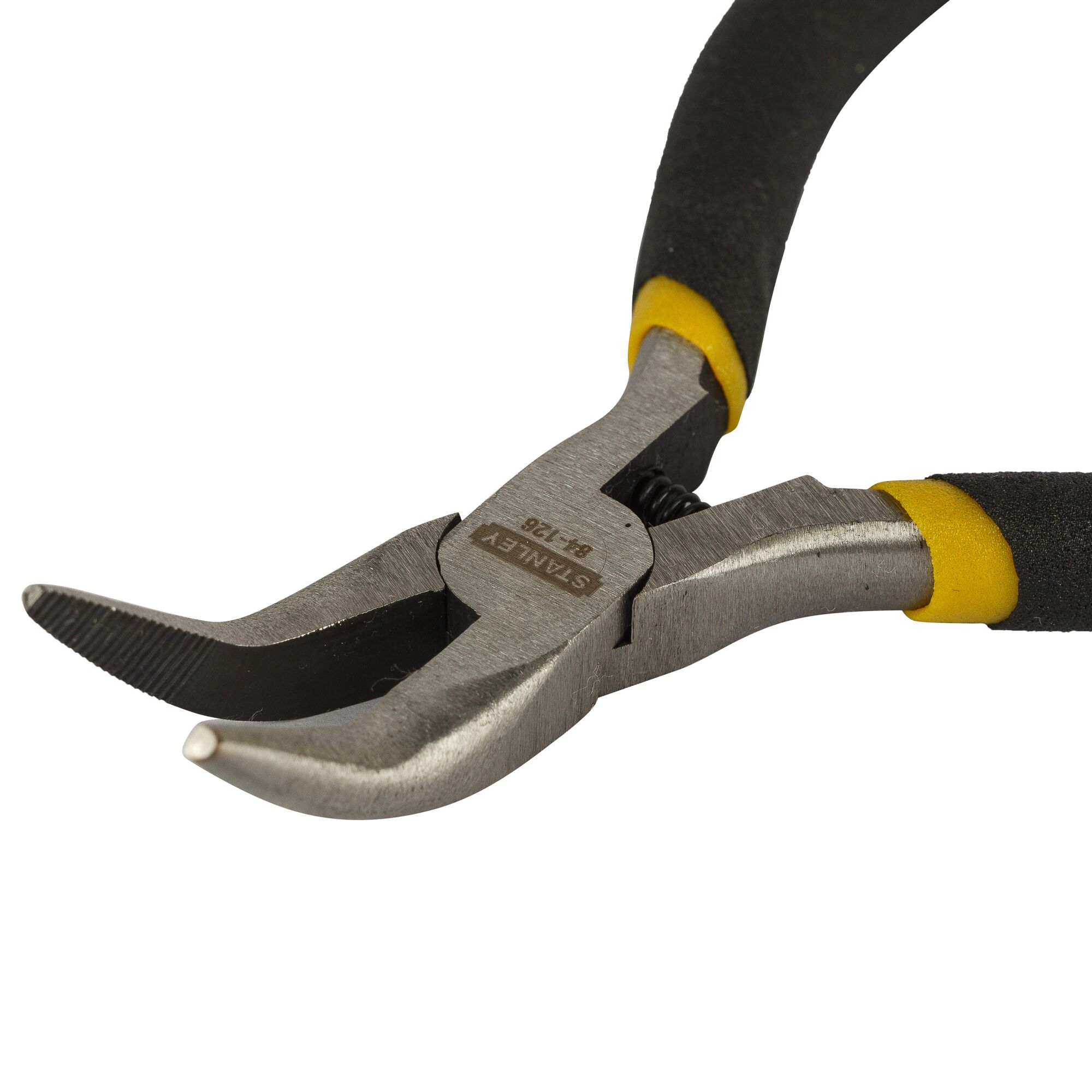 Photo of STANLEY STHT84126-8 curved long nose pliers with black and yellow handles, front angle on white background.