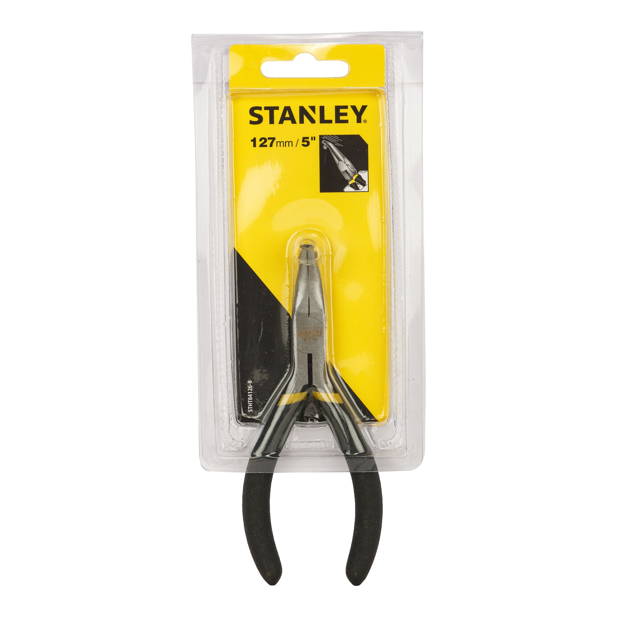 Stanley STHT84126-8 mini pliers in retail packaging, front angle, with black handles and yellow backing.