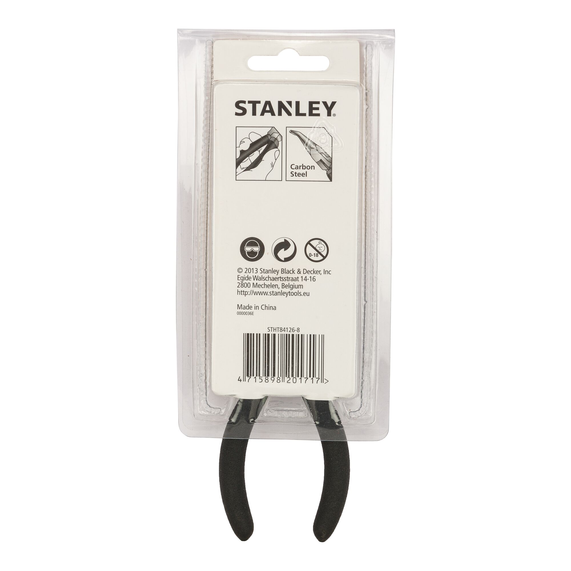 STANLEY STHT84126-8 carbon steel pliers in retail packaging, rear angle on white background.