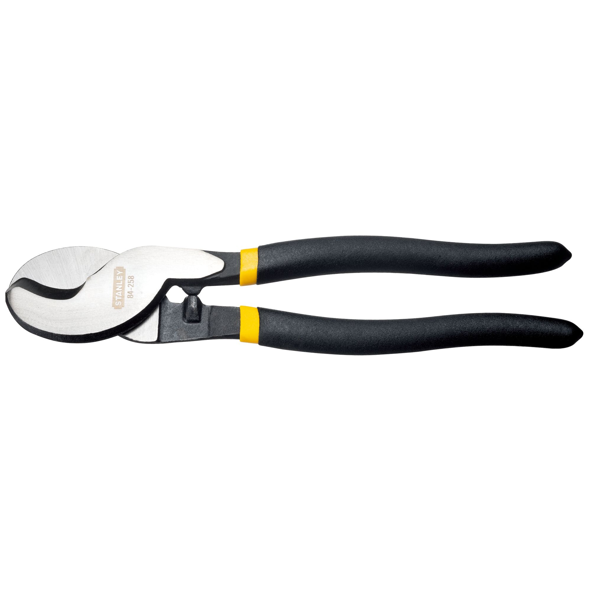 STANLEY STHT84258-8 cable cutter with black and yellow handles, side view on white background.