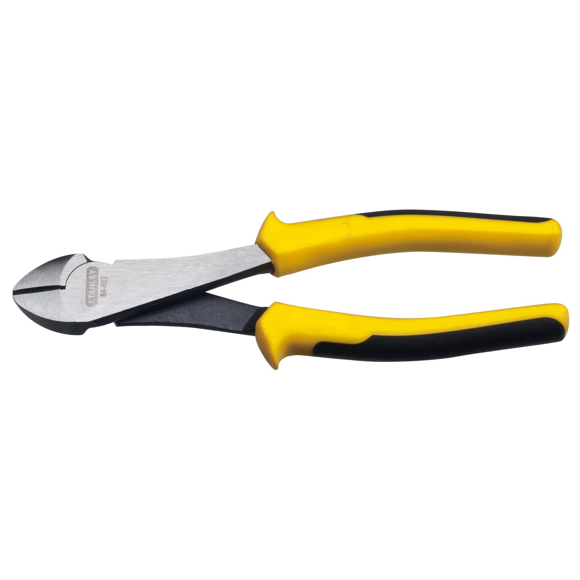 STANLEY STHT84607-8 diagonal cutting pliers with yellow and black handles, side view, on white background.