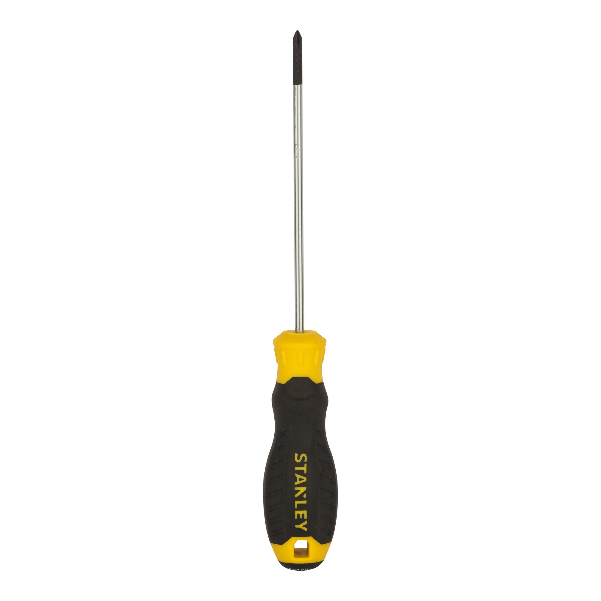 Stanley STMT60801-840 black and yellow Phillips screwdriver, straight handle, front view, white background.