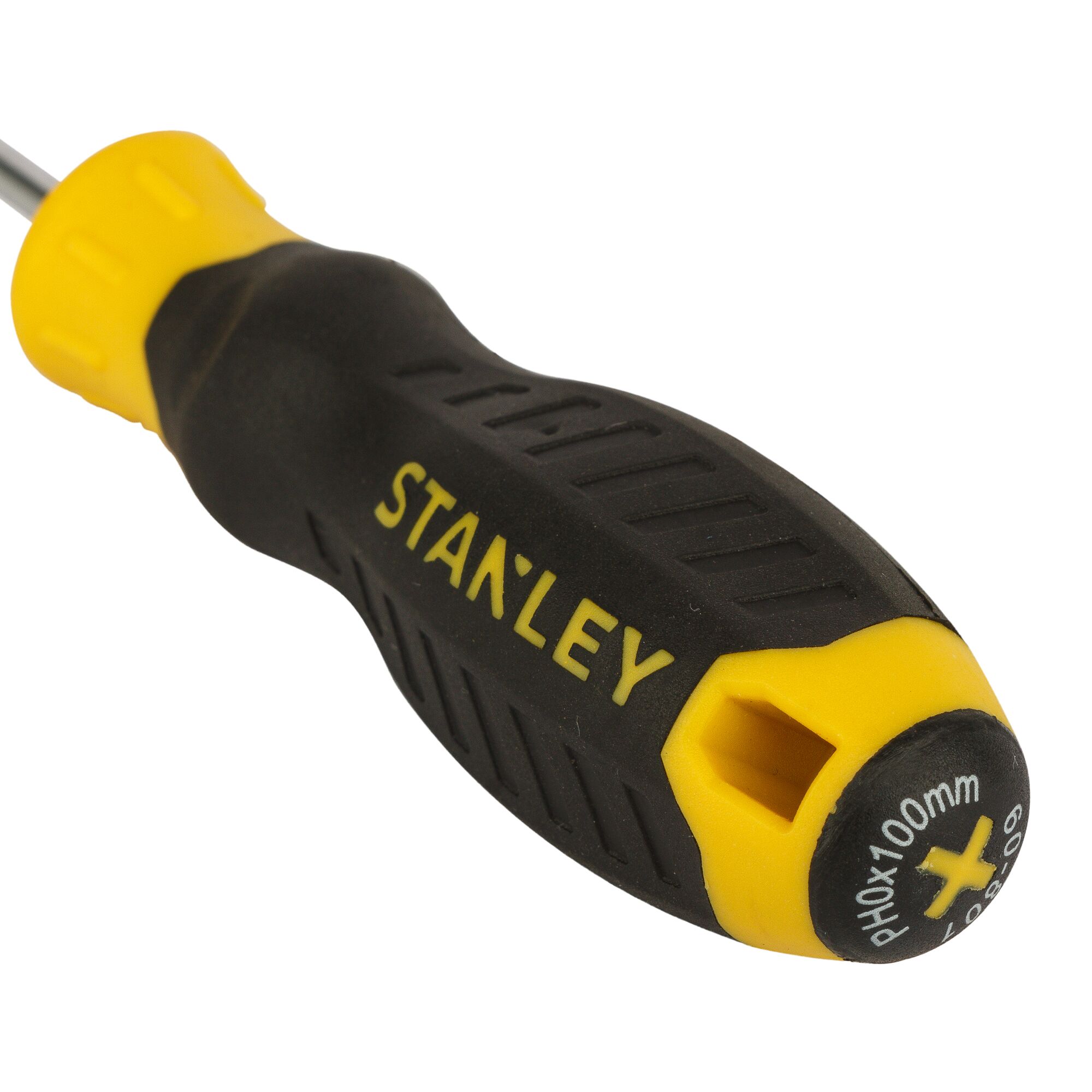 Stanley STMT60801-840 screwdriver handle, black and yellow, close-up on white background.