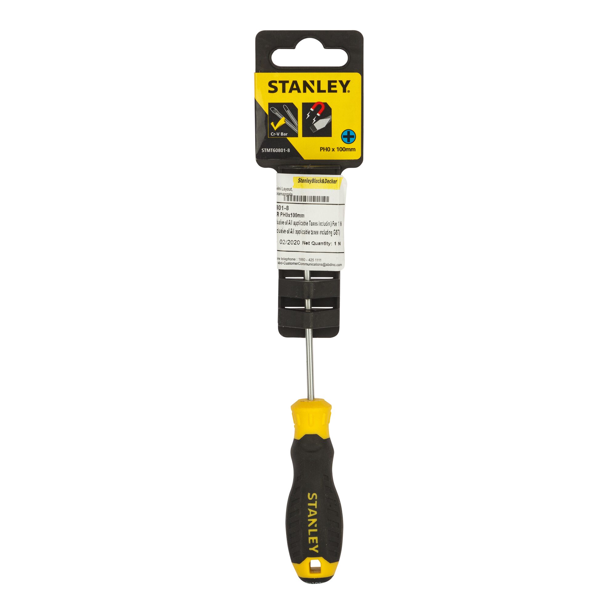 STANLEY STMT60801-840 Phillips screwdriver with black and yellow handle, front view on white background.