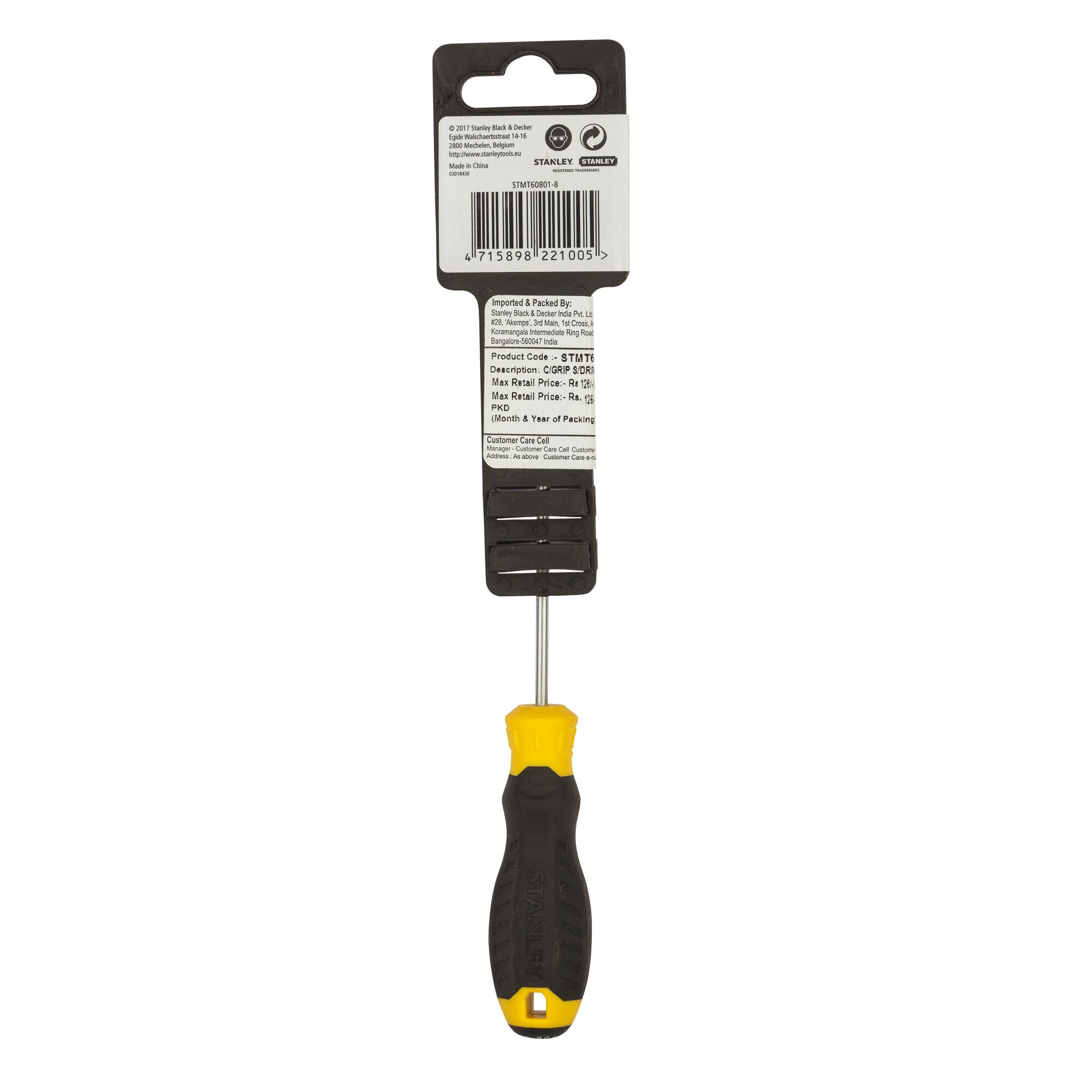 Stanley STMT60801-840 screwdriver with black and yellow handle, rear packaging view, photography on white background.