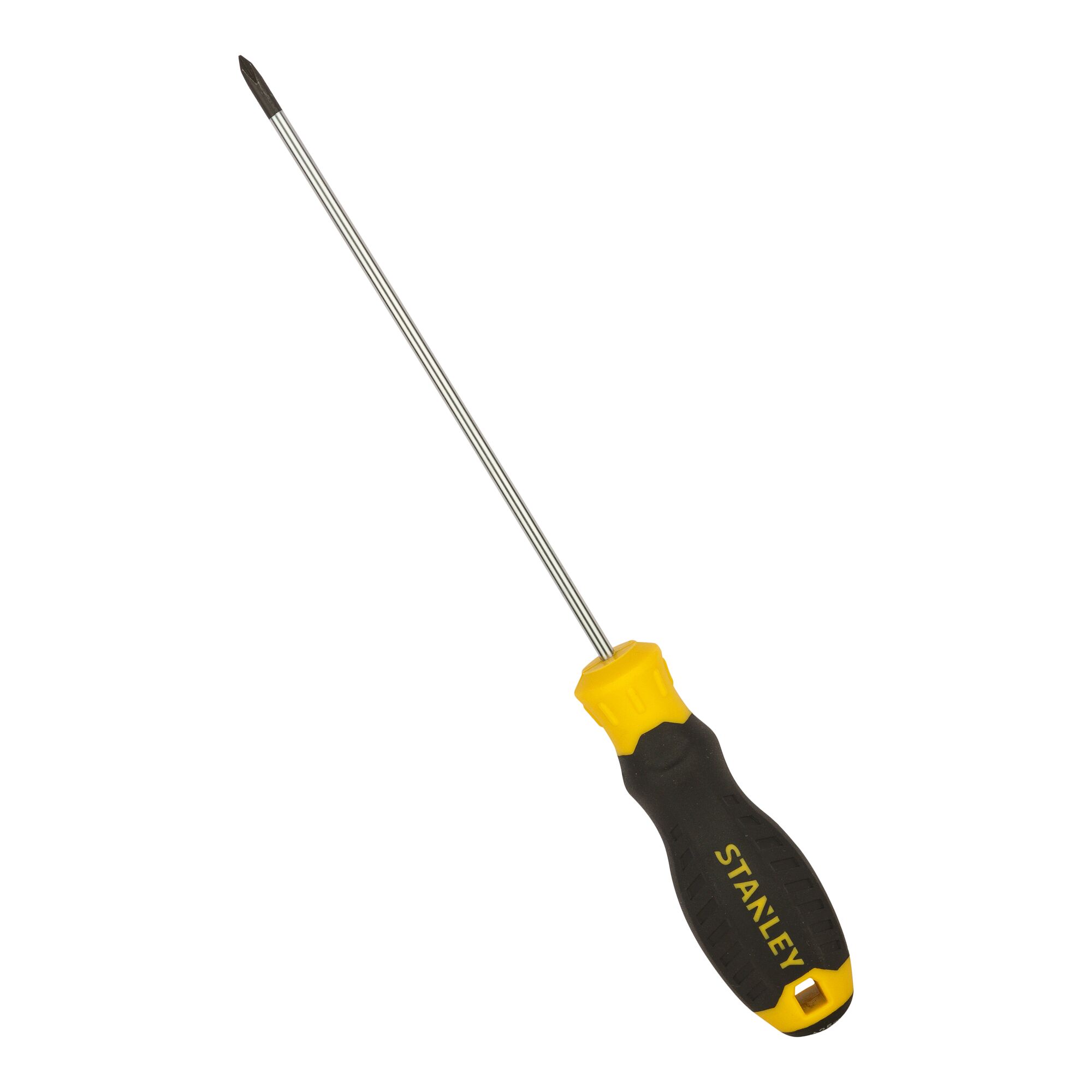 STANLEY STMT60802-8 Phillips screwdriver with black and yellow handle, side angle, on white background.