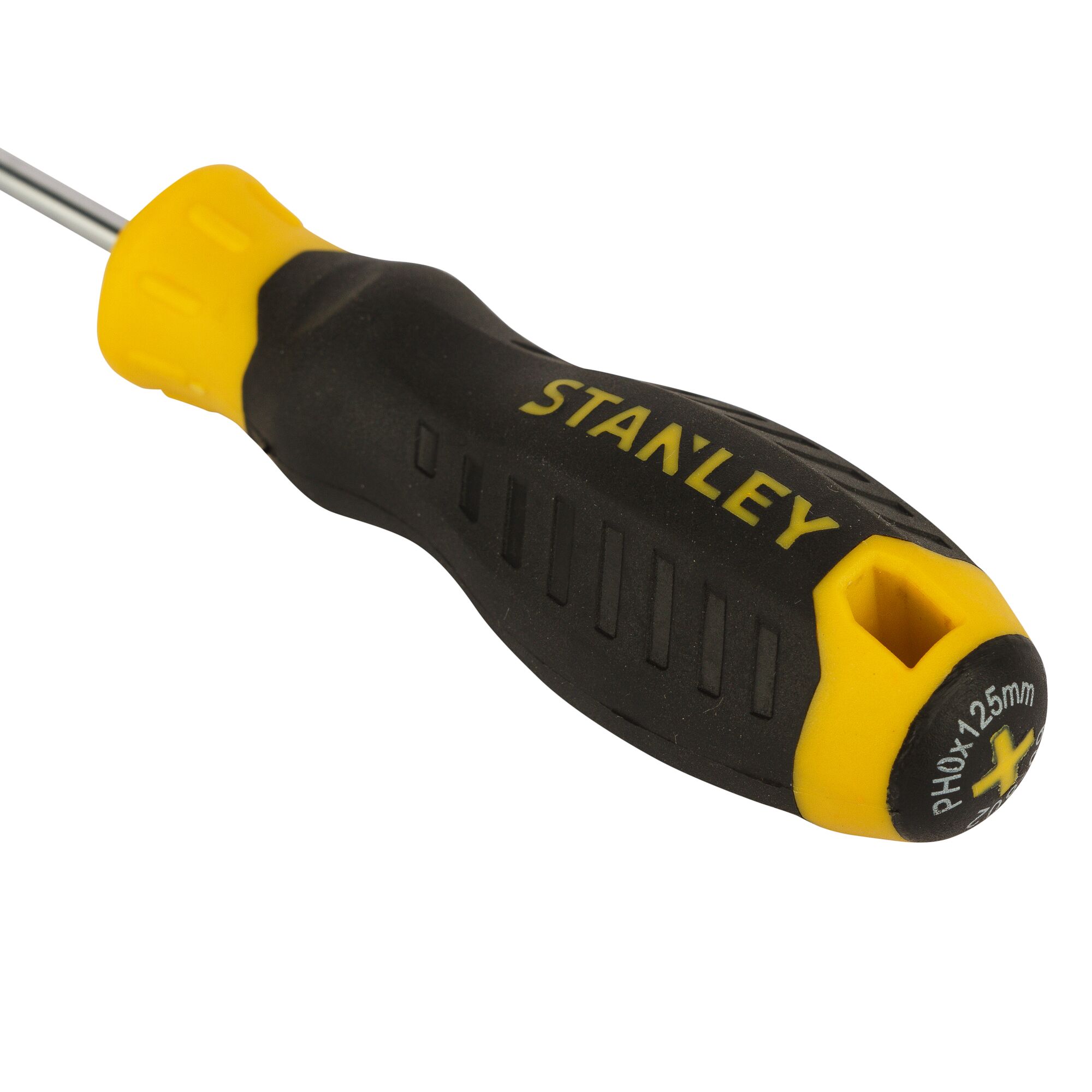 STANLEY STMT60802-8 black and yellow Phillips screwdriver handle, close-up angle, white background.