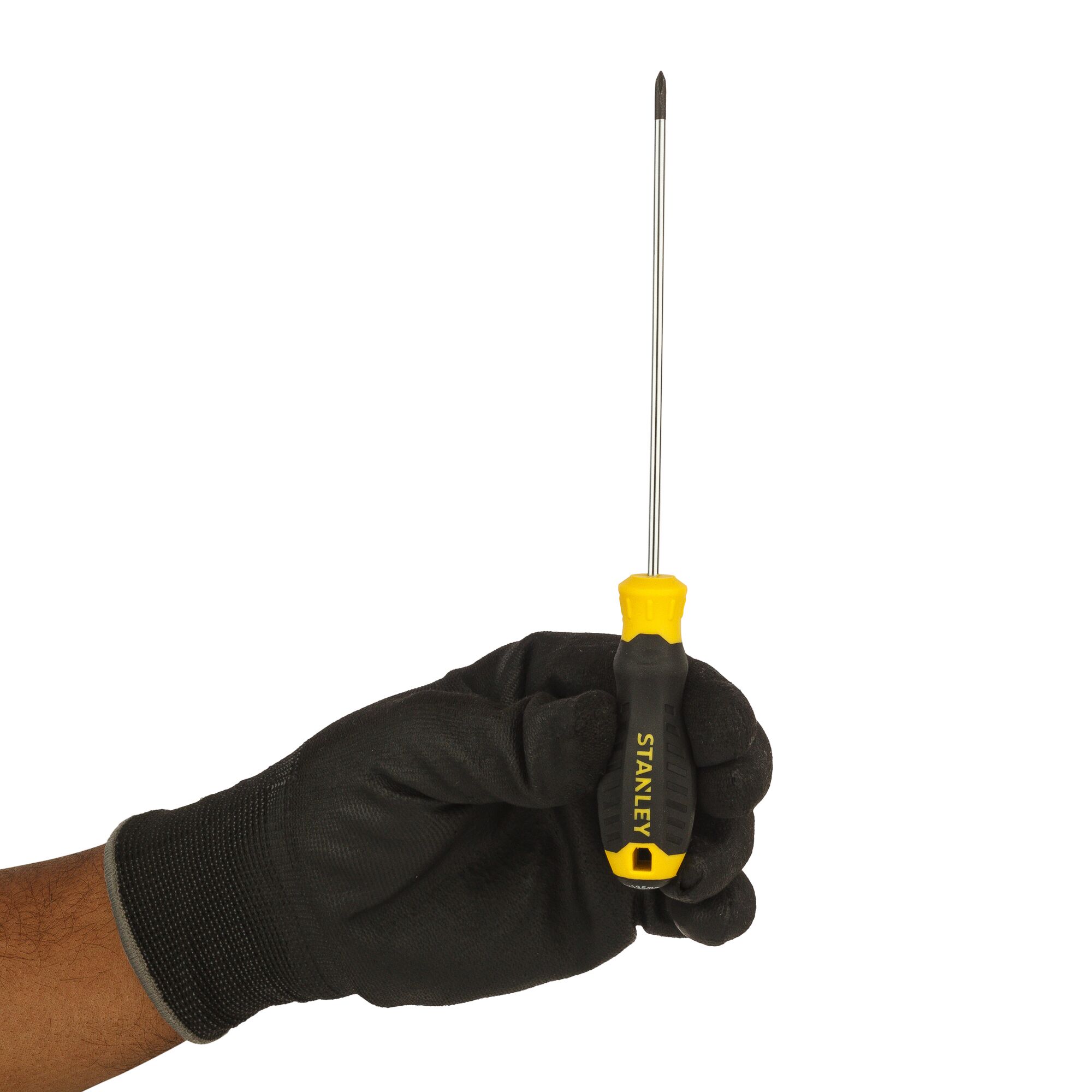 Photo of STANLEY STMT60802-8 Phillips screwdriver with yellow and black handle, held in gloved hand, side angle.