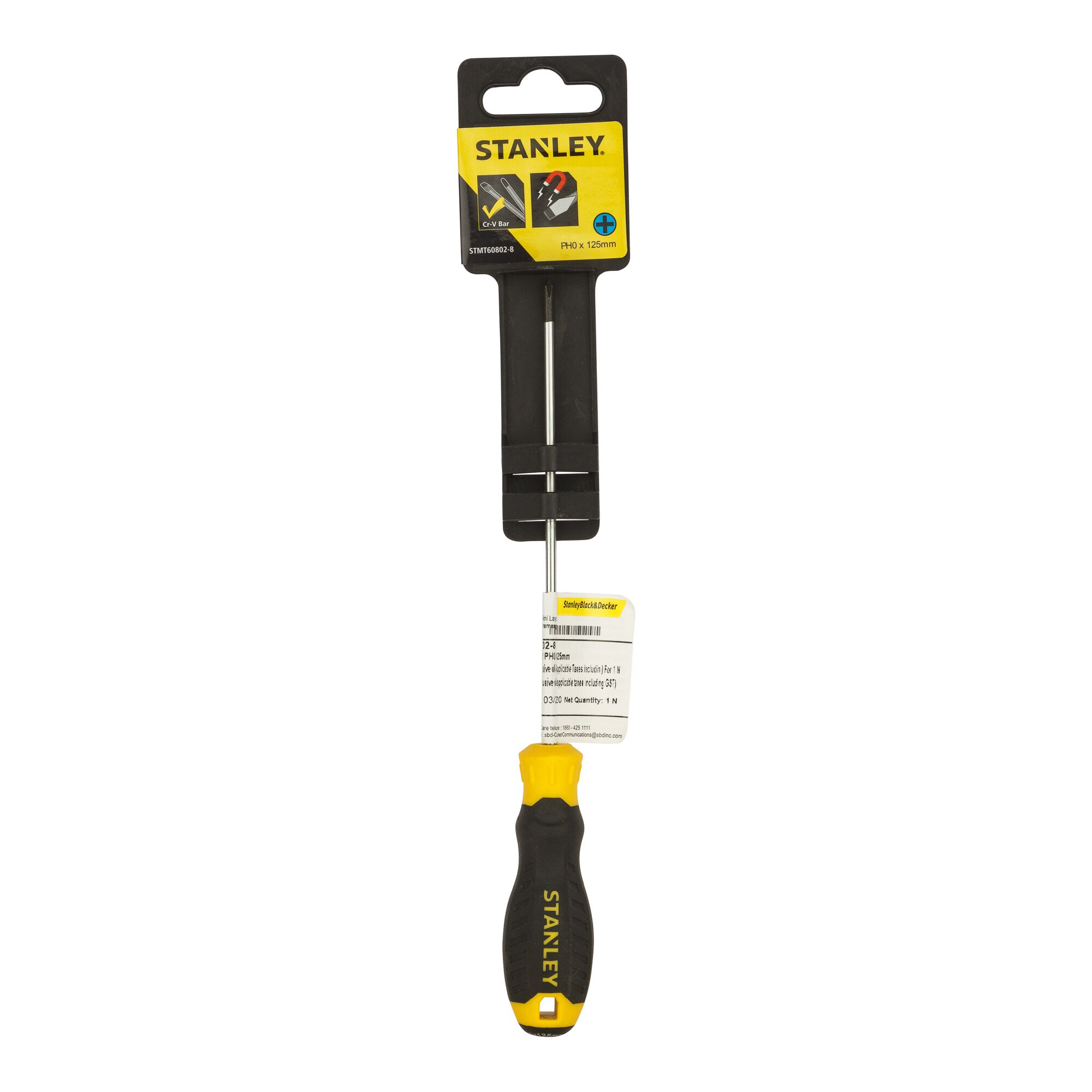 STANLEY STMT60802-8 Phillips screwdriver with black and yellow handle, front view on white background.