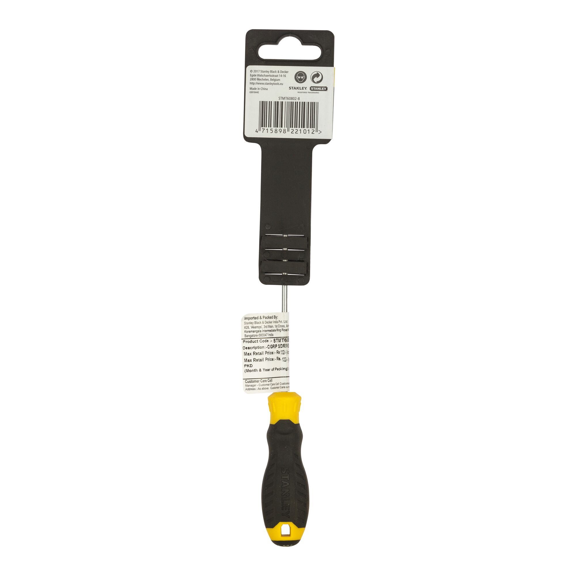 STANLEY STMT60802-8 screwdriver with black and yellow handle, front angle on white background.