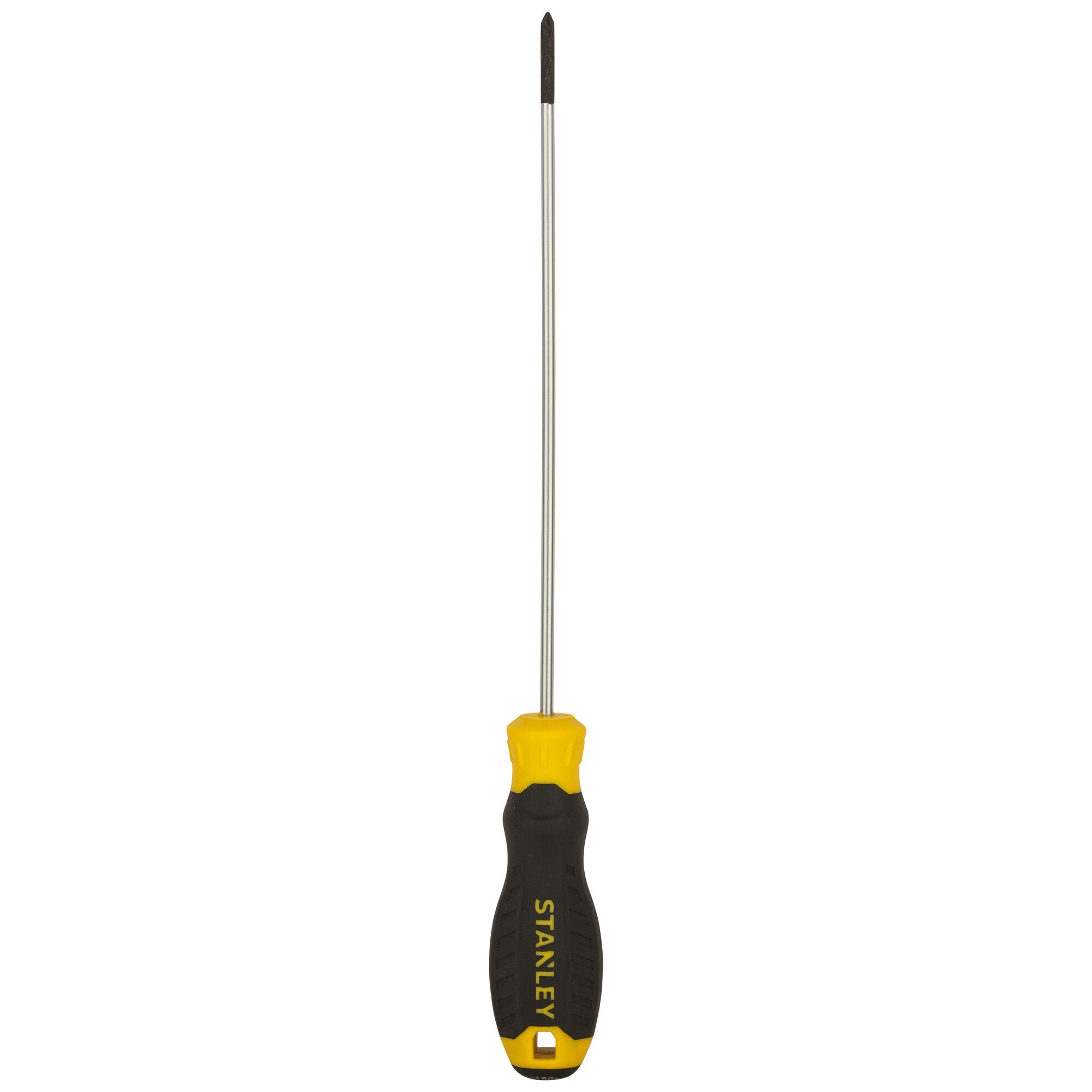 STANLEY STMT60803-8 Phillips screwdriver with yellow and black handle, front angle, white background.