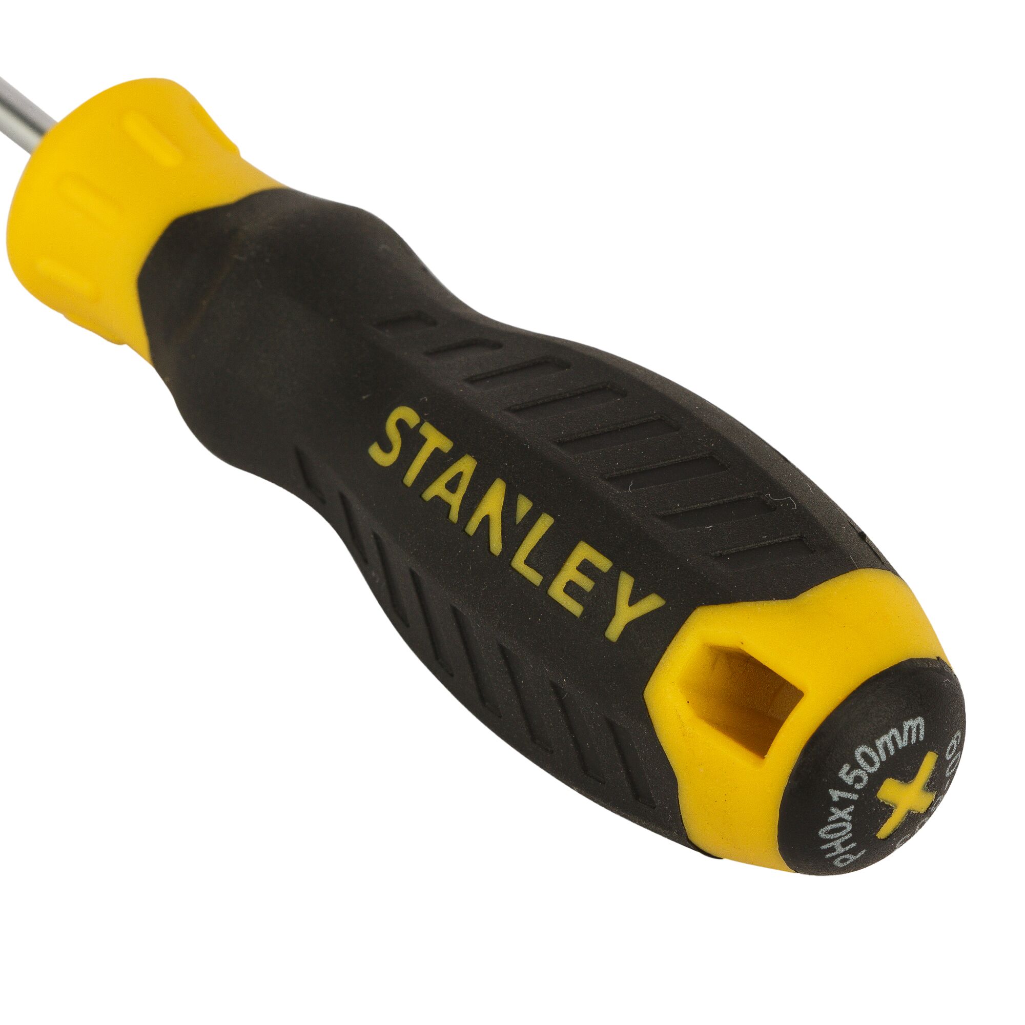 Photo of STANLEY STMT60803-8 black and yellow screwdriver handle, side angle, with branding and PH0x150mm marking.