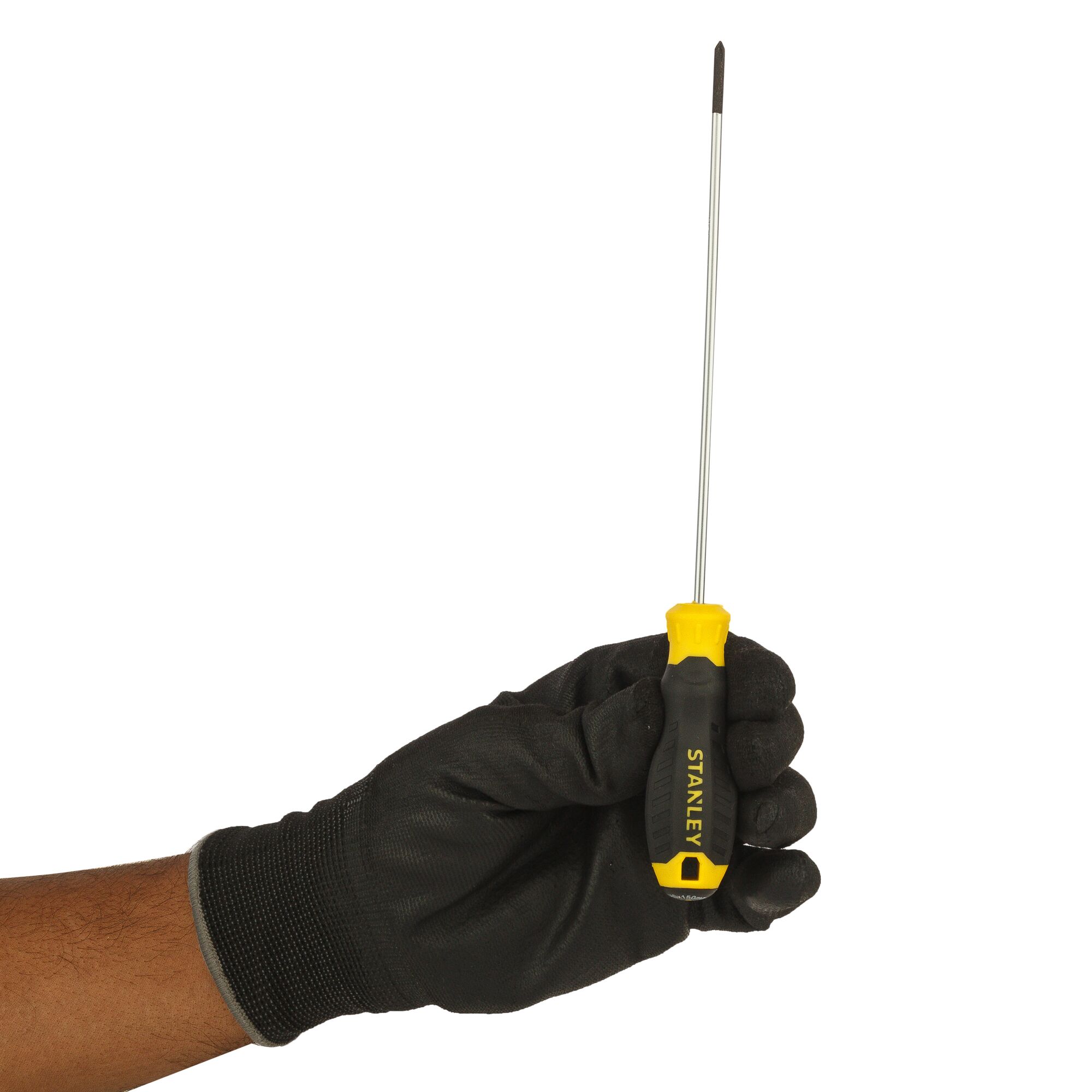 STANLEY STMT60803-8 screwdriver with black and yellow handle held in gloved hand, side angle.