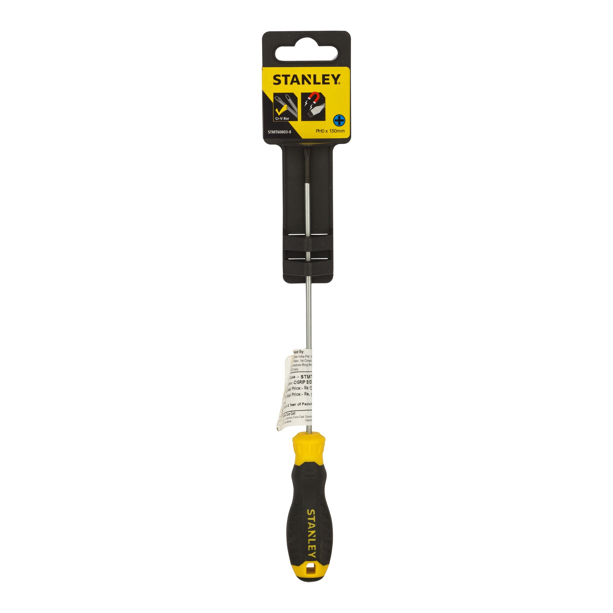 Stanley STMT60803-8 screwdriver with black and yellow handle, front view on white background.