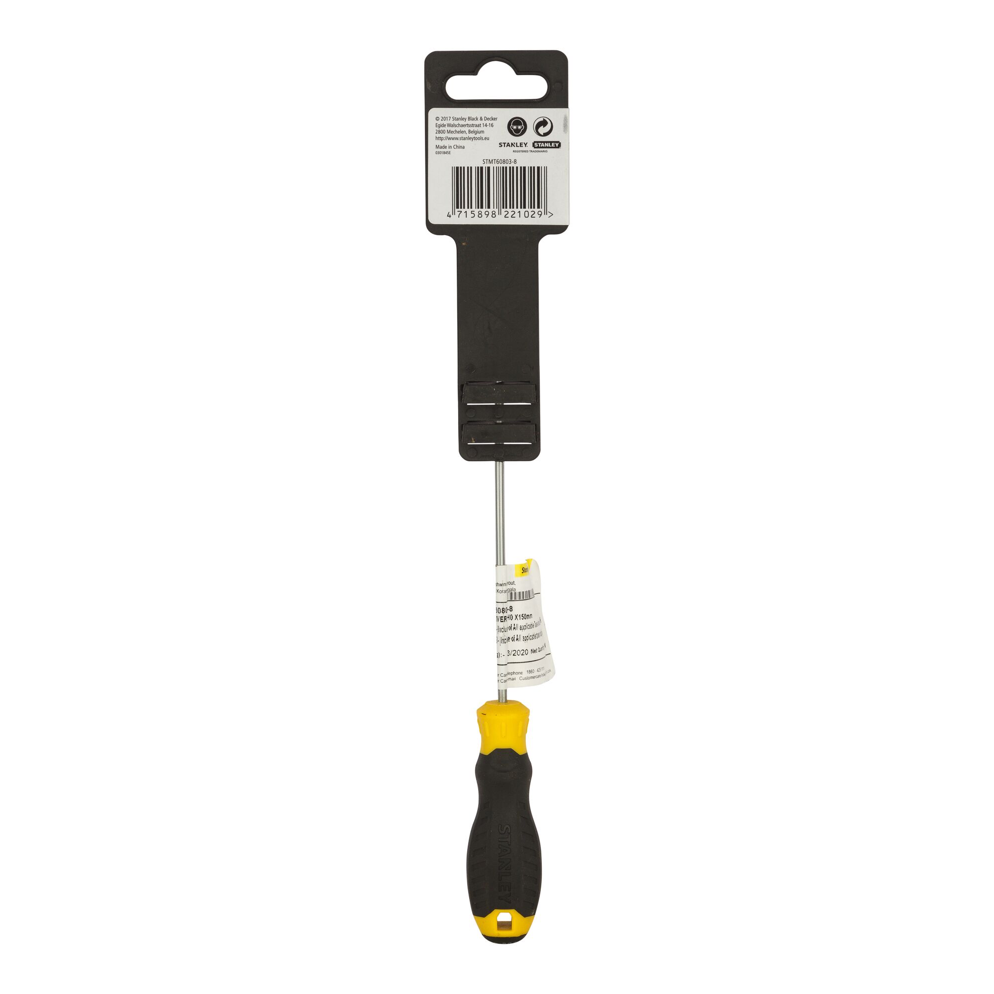 Stanley STMT60803-8 screwdriver, black and yellow handle, front view, on white background.