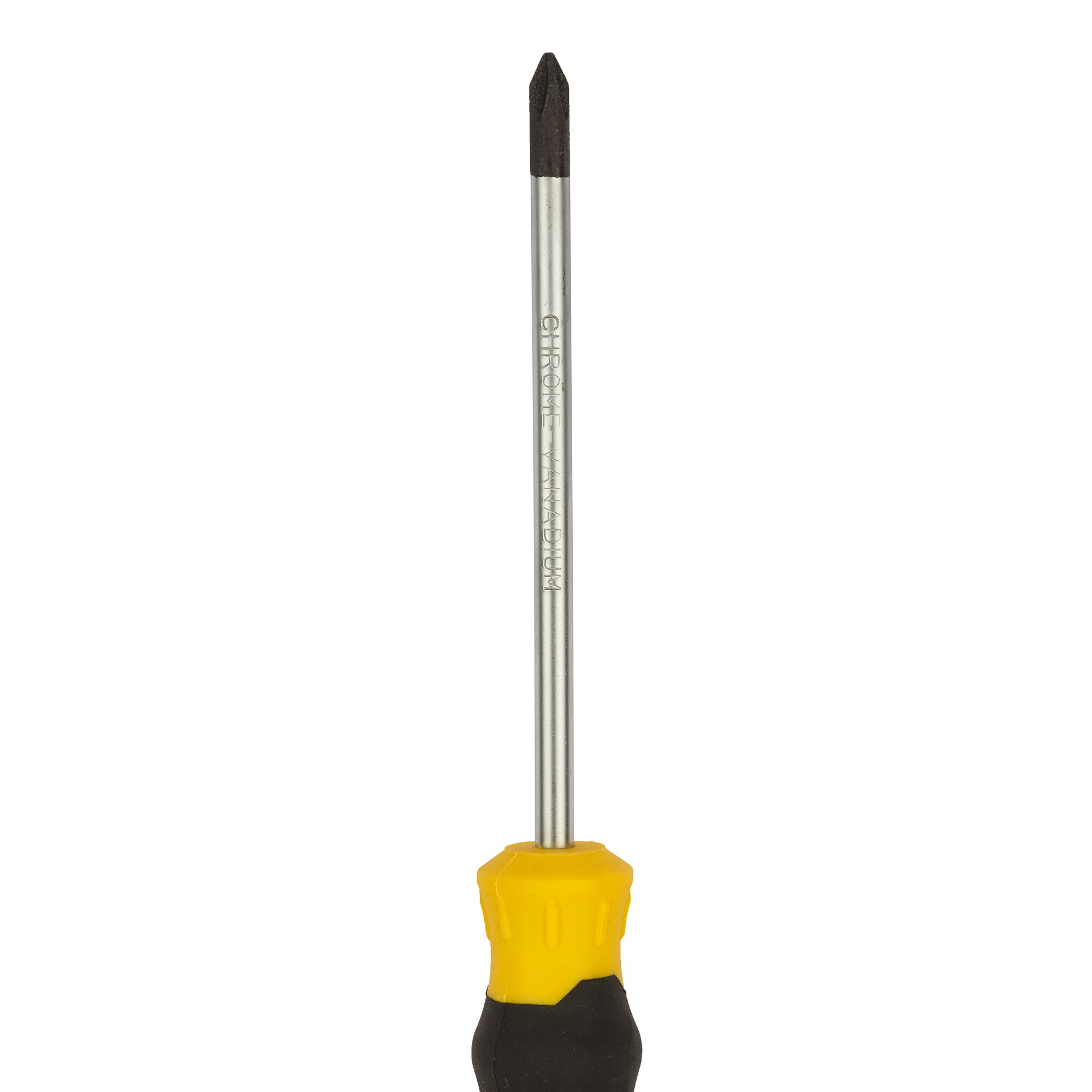 STANLEY STMT60805-8 Phillips screwdriver with yellow and black handle, front angle, white background.