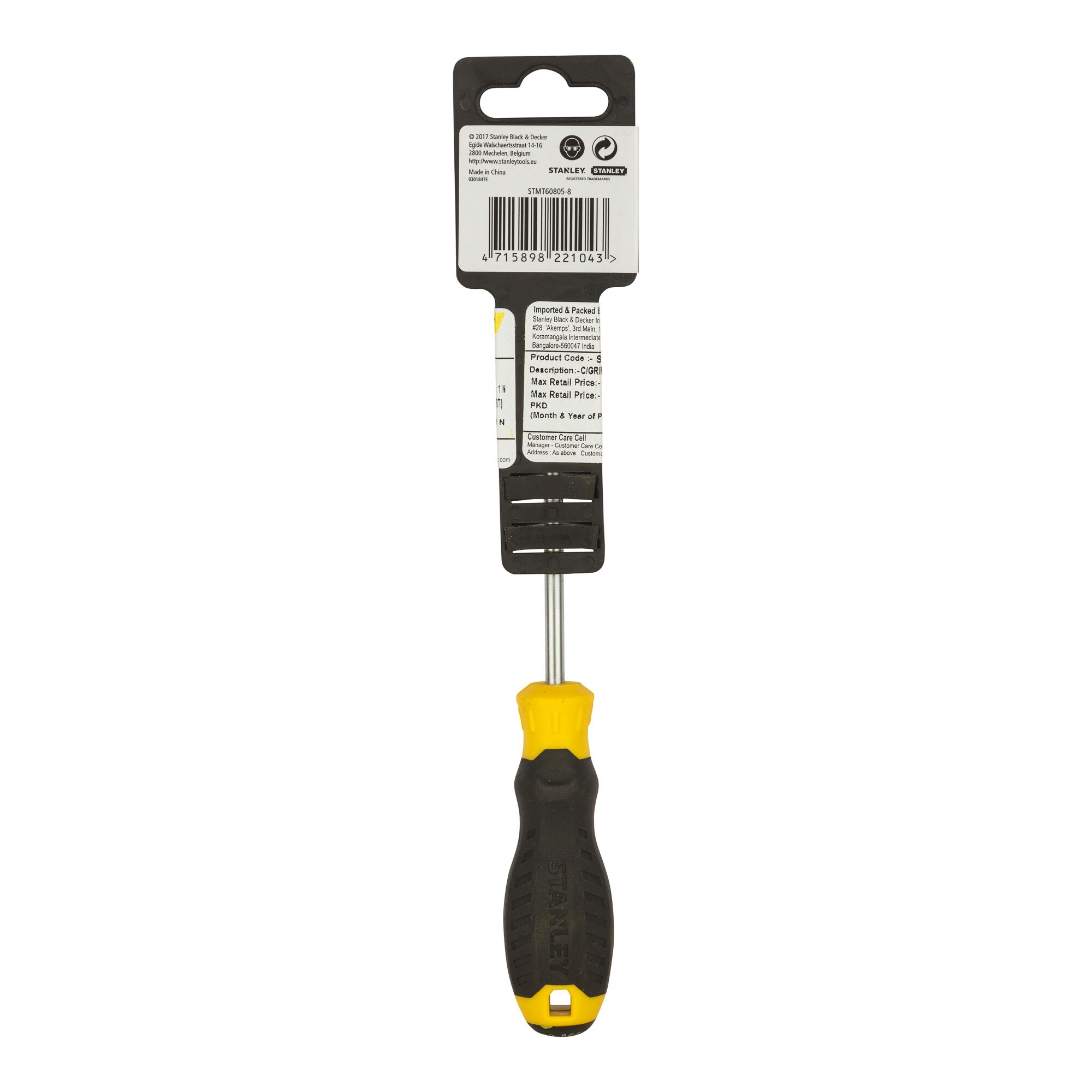 Stanley STMT60805-8 screwdriver with black and yellow handle, rear packaging view, white background.
