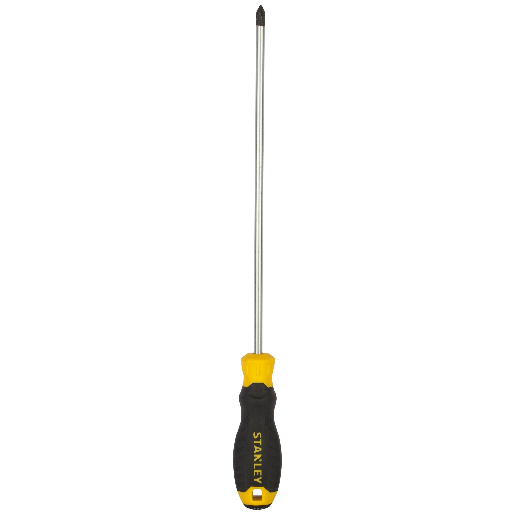 STANLEY STMT60807-8 long Phillips screwdriver with black and yellow handle, front view on white background.