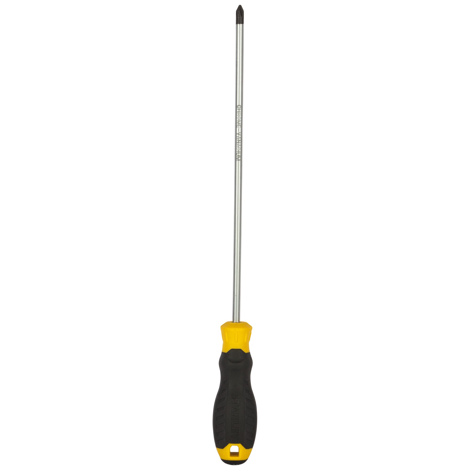 STANLEY STMT60807-8 long Phillips screwdriver with black and yellow ergonomic handle, straight-on view, white background.