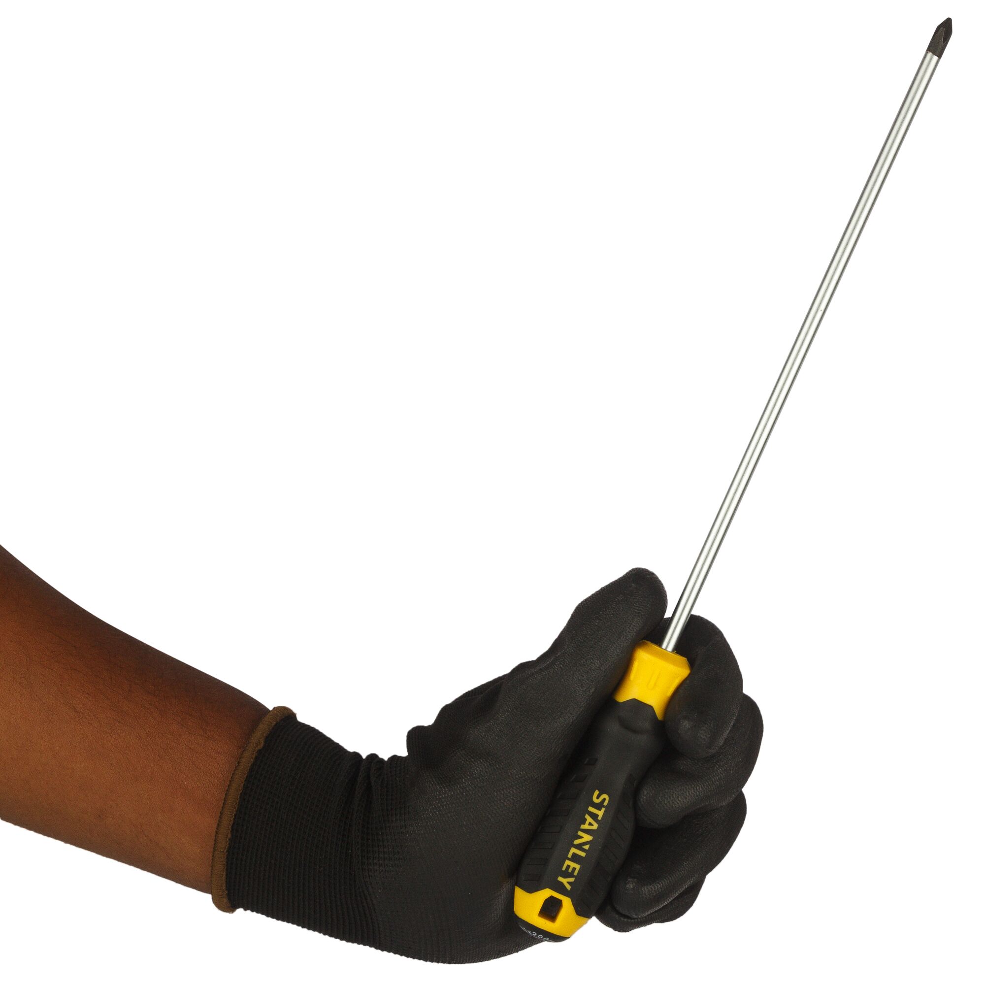Photo of STANLEY STMT60807-8 Phillips screwdriver with black and yellow handle held in a gloved hand, side angle.