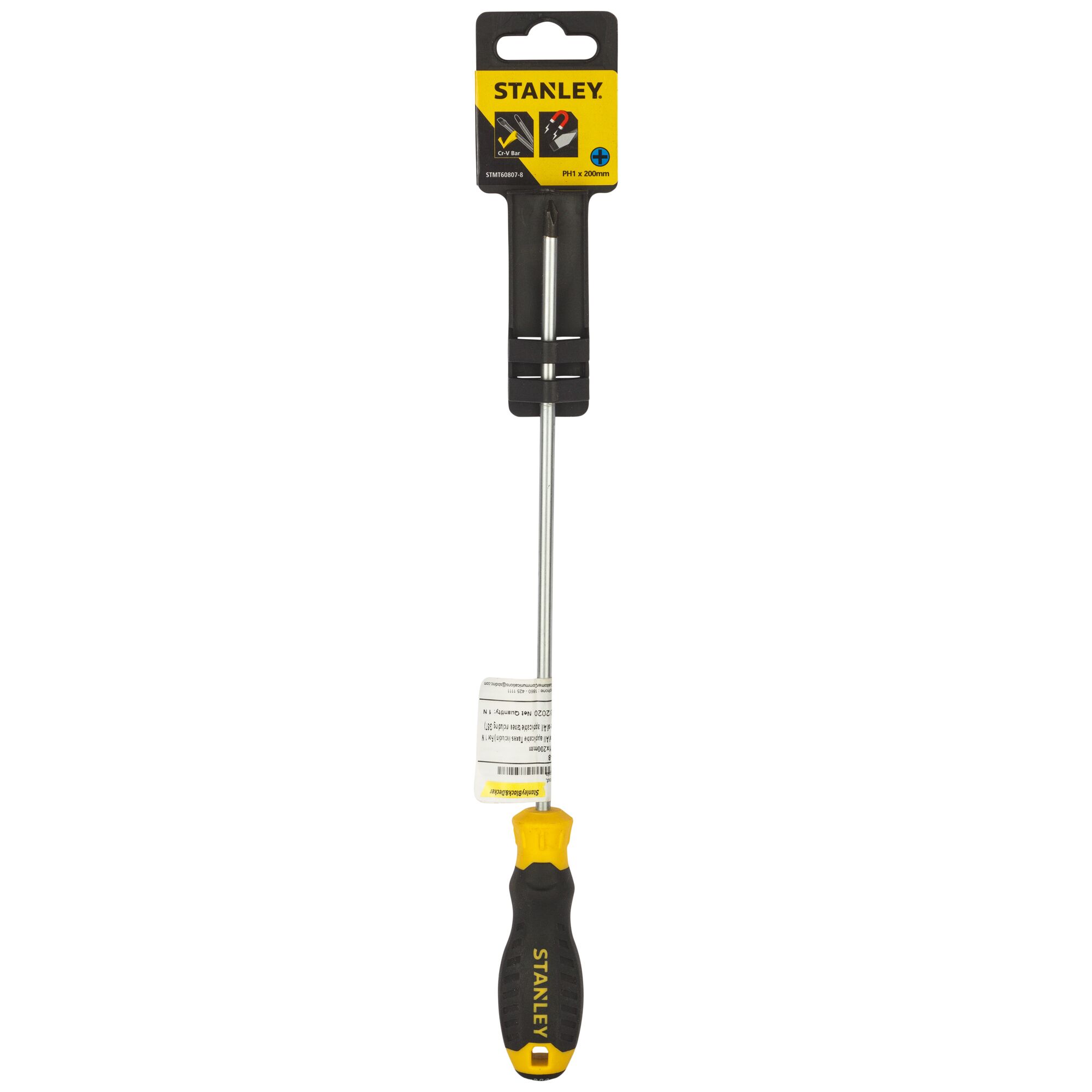 Stanley STMT60807-8 long Phillips screwdriver with black and yellow handle, front view, white background.