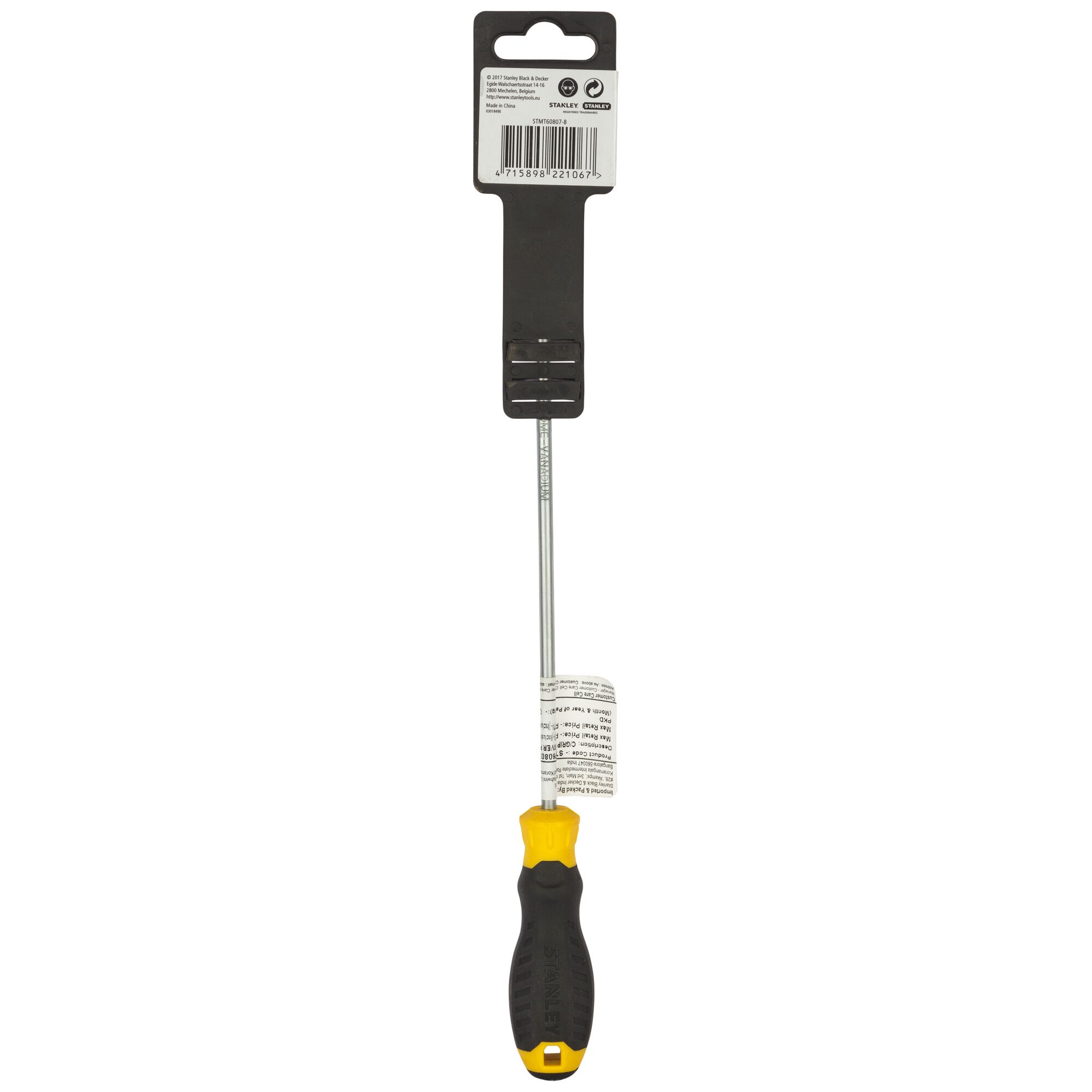 Stanley STMT60807-8 screwdriver with black and yellow handle, photographed from the front on white background.