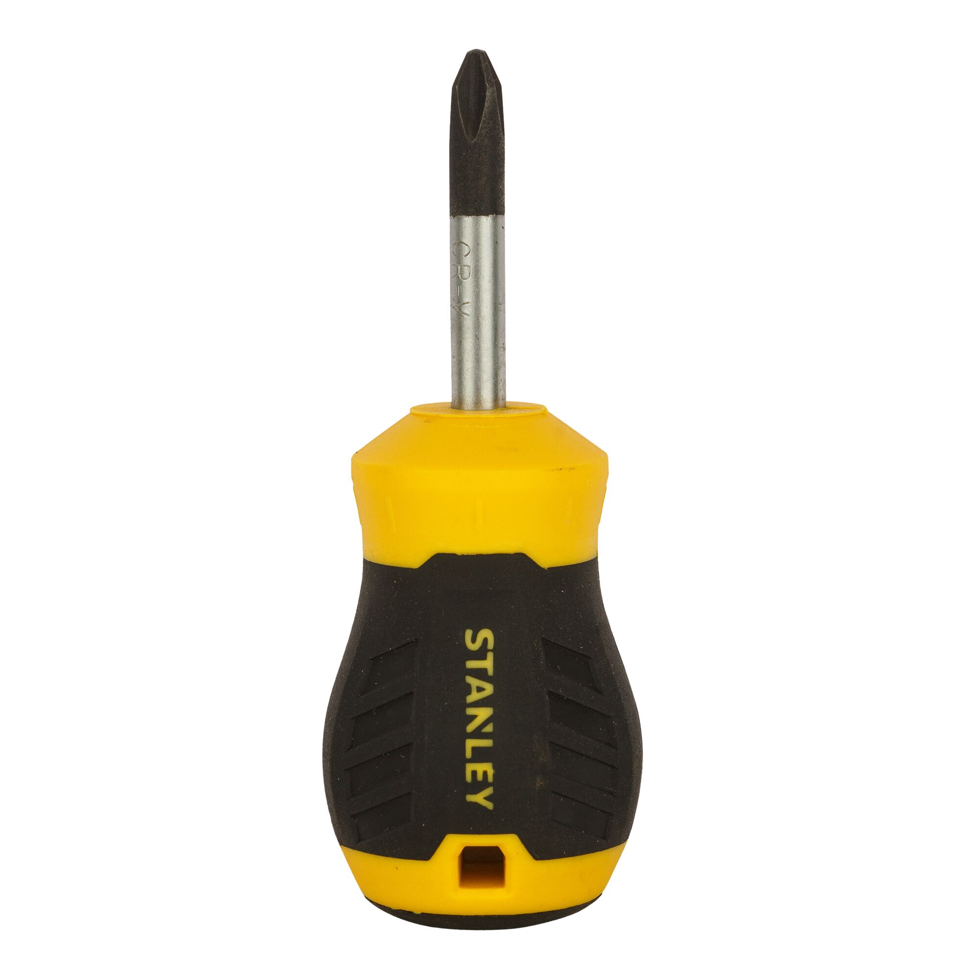 STANLEY STMT60808-840 stubby Phillips screwdriver, yellow and black handle, front angle, white background.