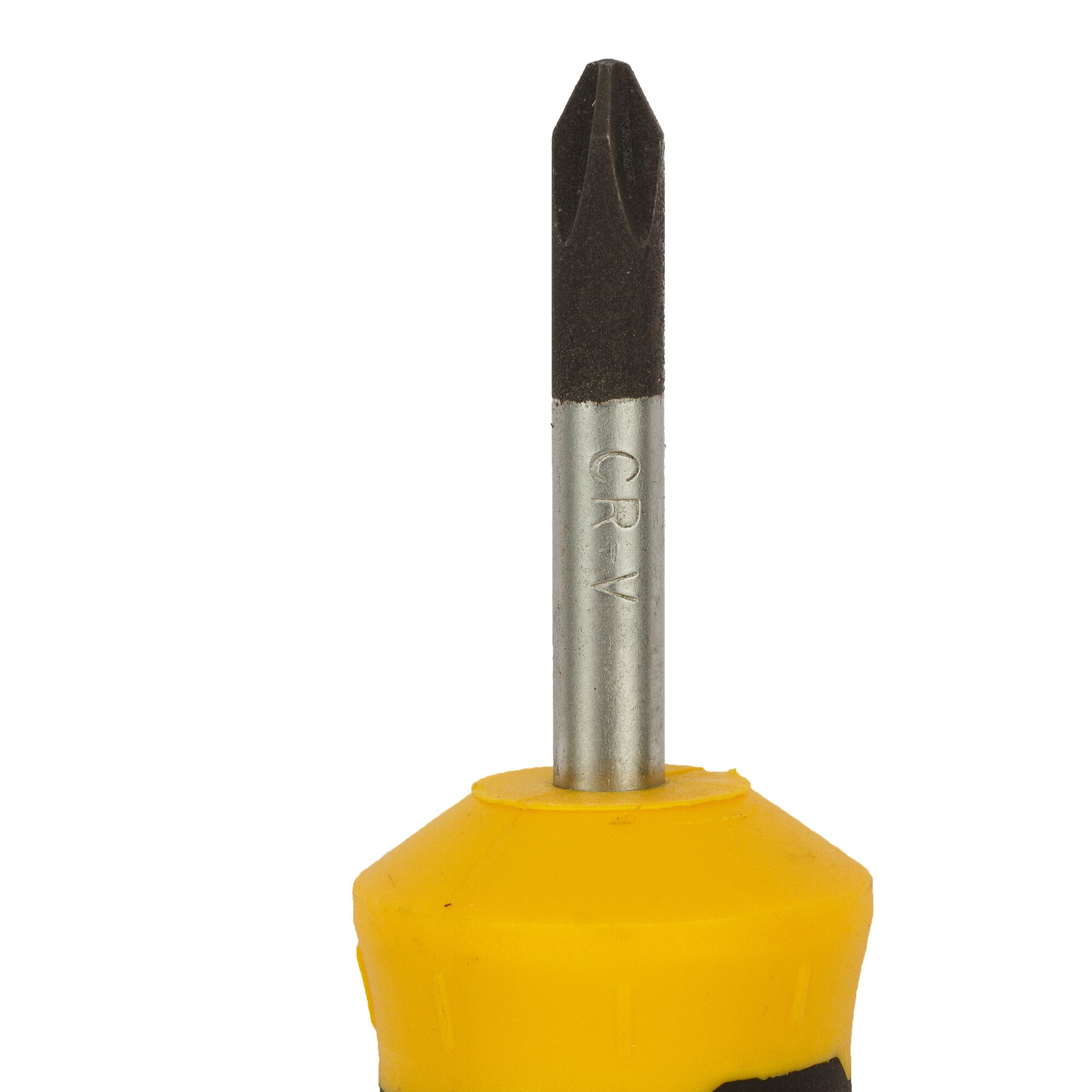 STANLEY STMT60808-840 Phillips screwdriver with yellow handle, front angle, white background.
