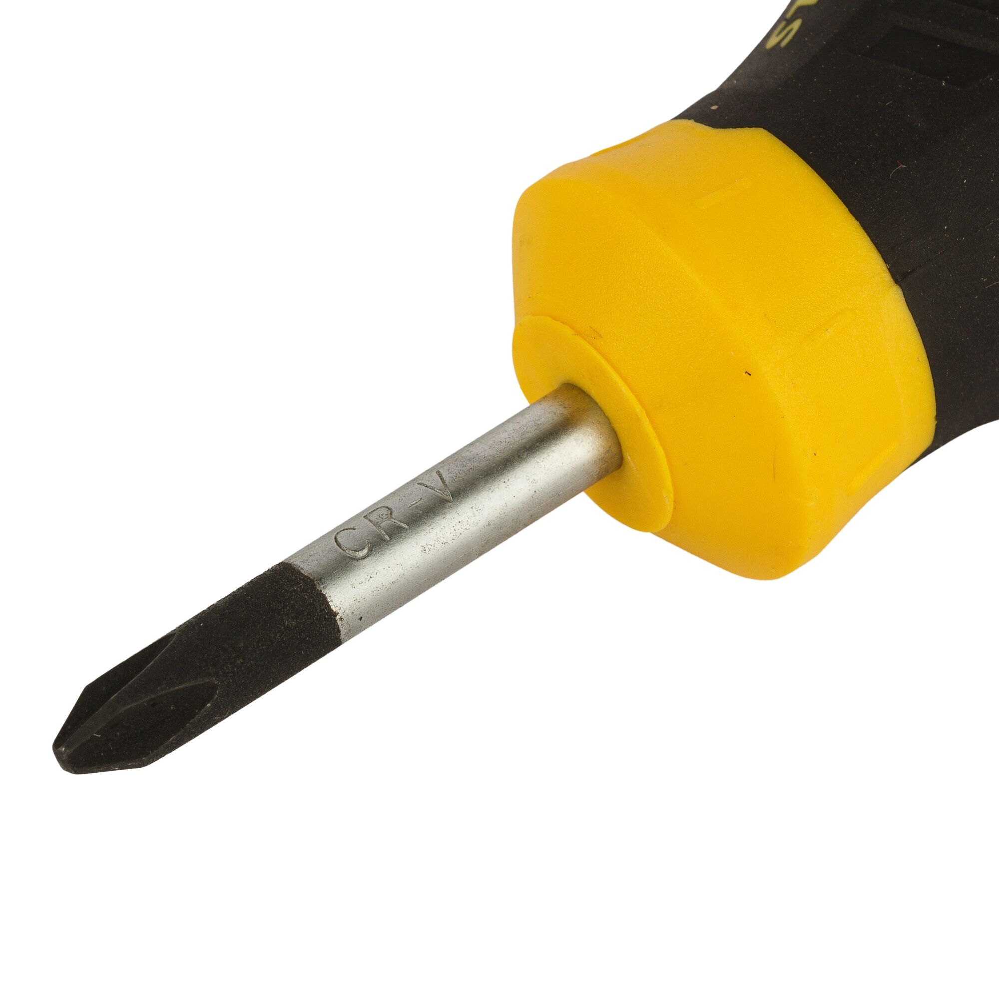 STANLEY STMT60808-840 Phillips screwdriver with yellow handle, front angle, on white background.