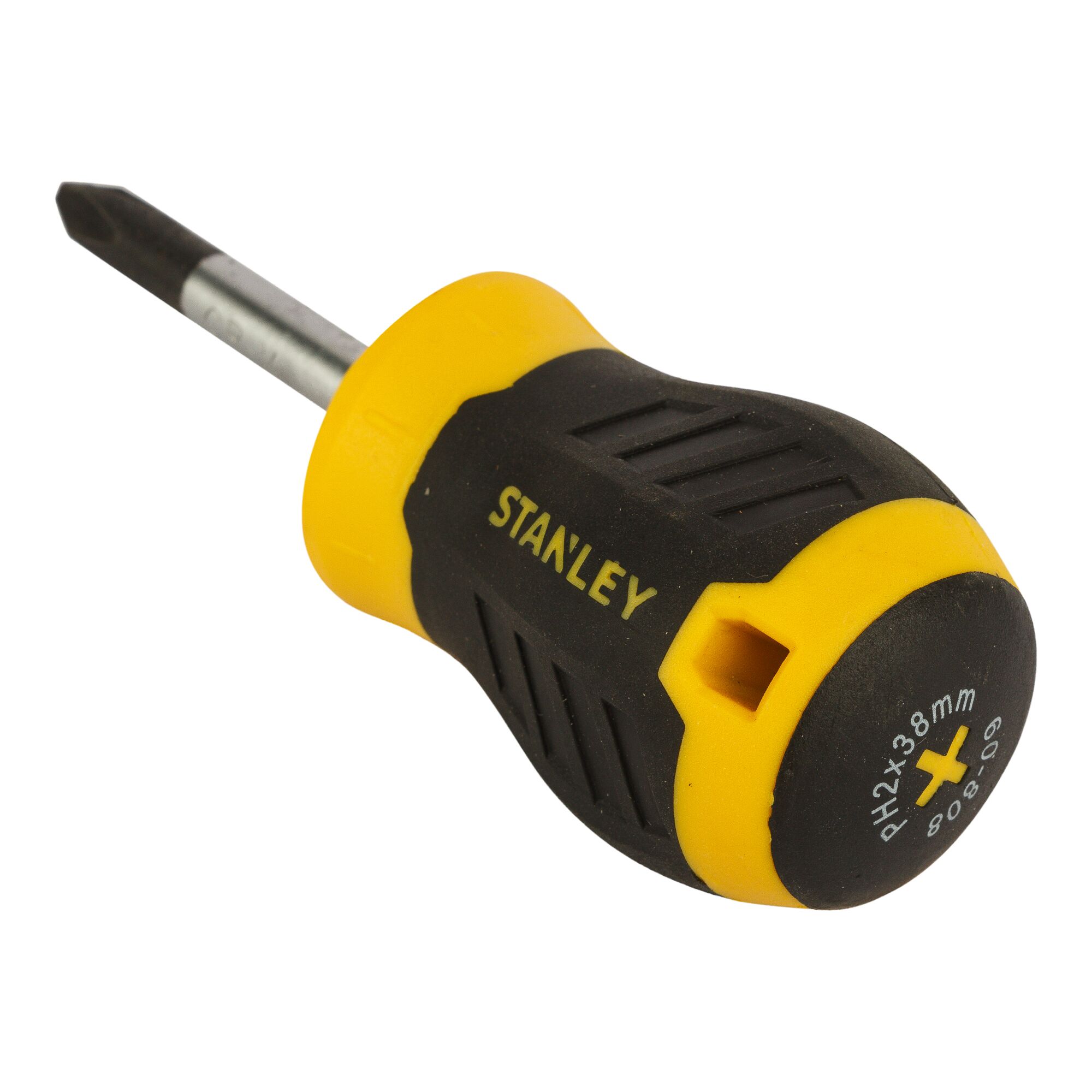 Stanley STMT60808-840 stubby Phillips screwdriver, yellow and black handle, front angle.