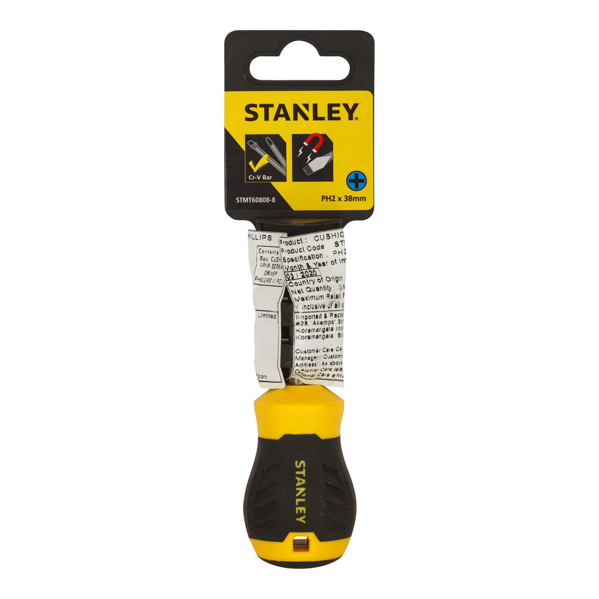 Stanley STMT60808-840 Phillips screwdriver, yellow and black handle, frontal view on white background.