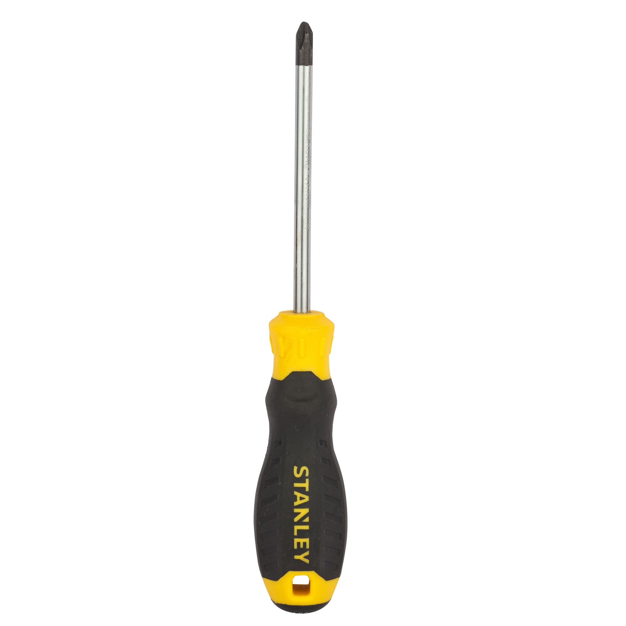 STANLEY STMT60809-8 Phillips screwdriver with black and yellow handle, front view, white background.