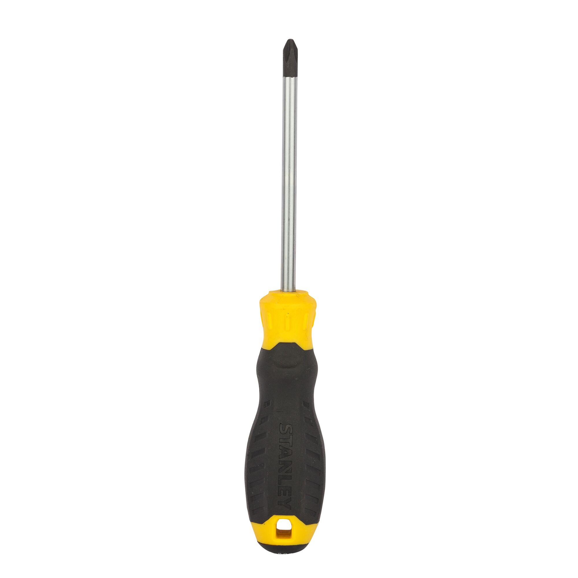 STANLEY STMT60809-8 Phillips screwdriver with yellow and black handle, front angle, white background.