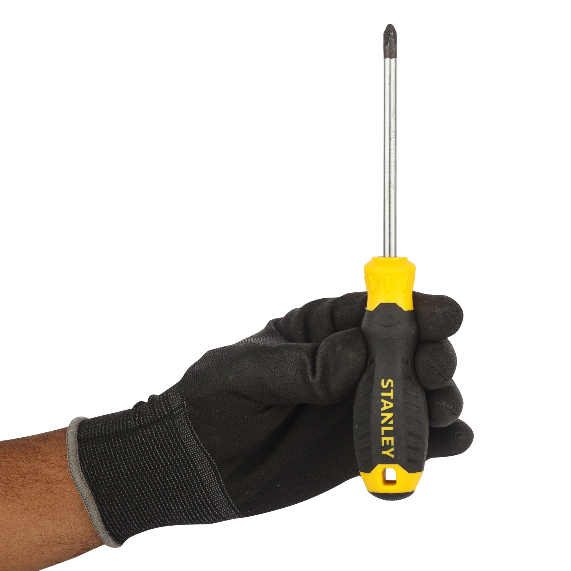 Photo of STANLEY STMT60809-8 black and yellow Phillips screwdriver held in a gloved hand, side angle.