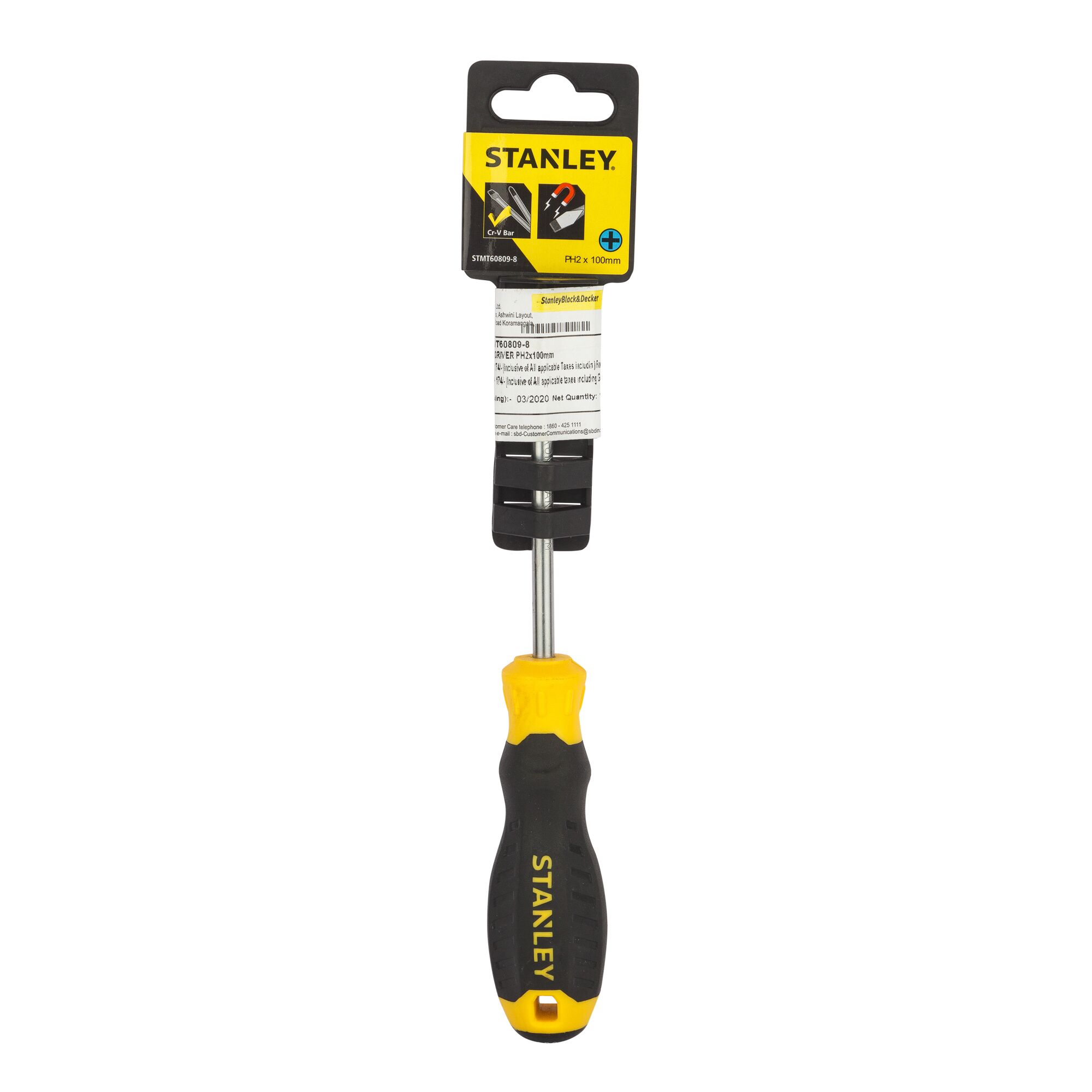 Stanley STMT60809-8 Phillips screwdriver with black and yellow handle, front angle, on white background.