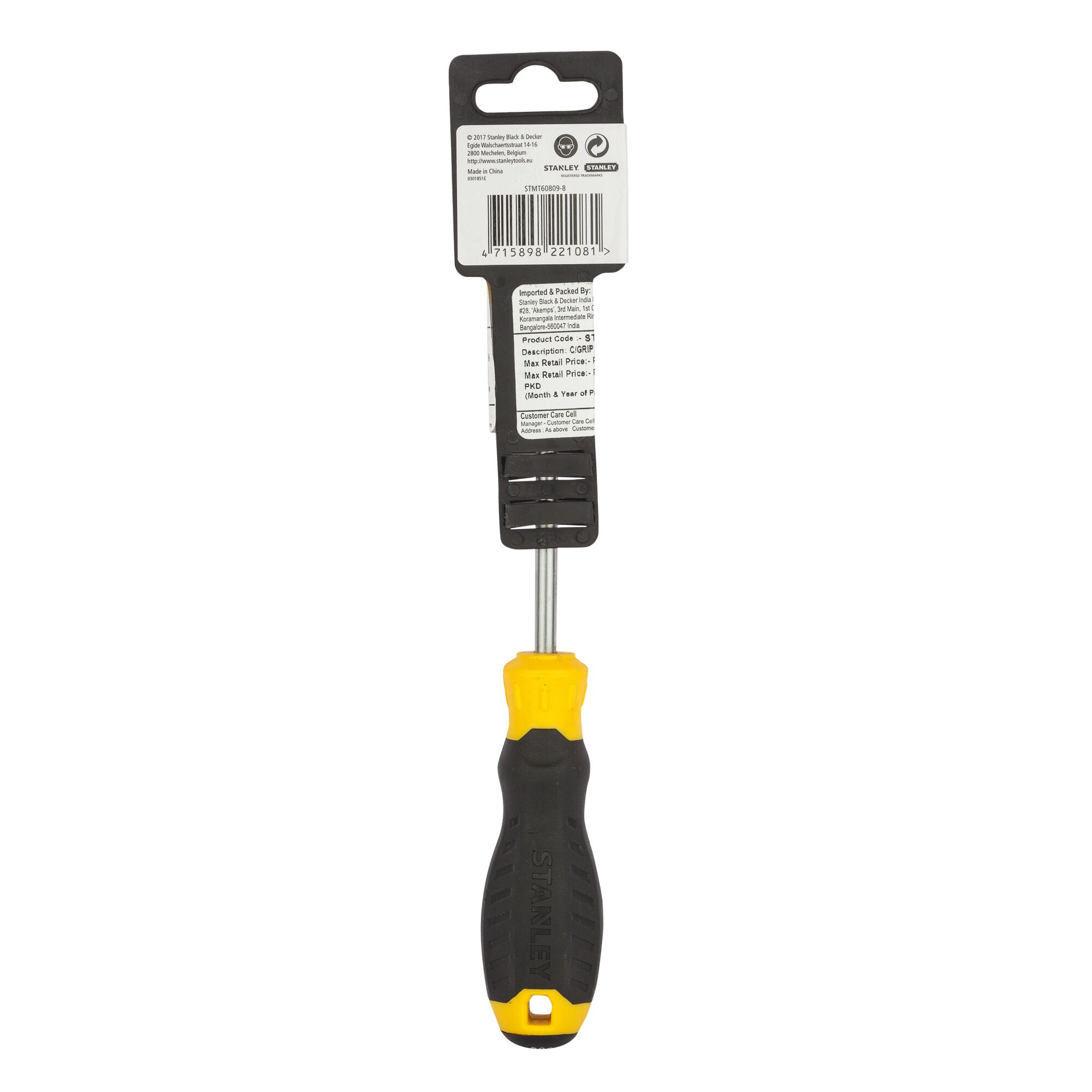STANLEY STMT60809-8 screwdriver with black and yellow handle, rear view on white background.