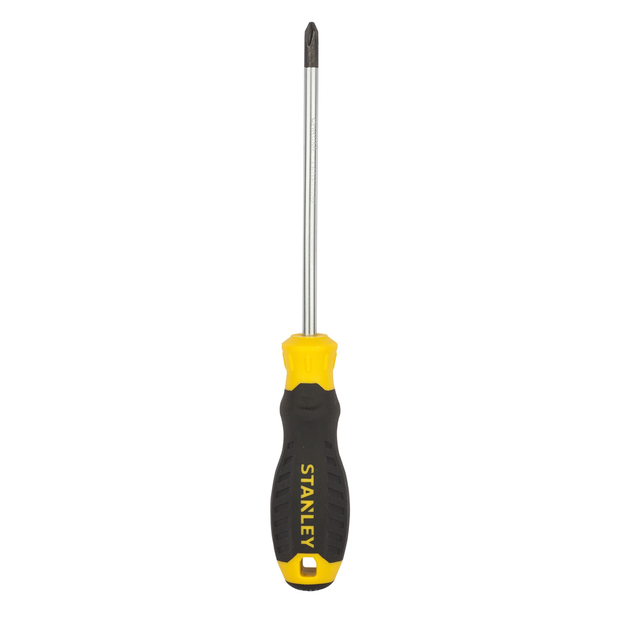 STANLEY STMT60810-8 Phillips screwdriver with yellow and black handle, front angle, white background.