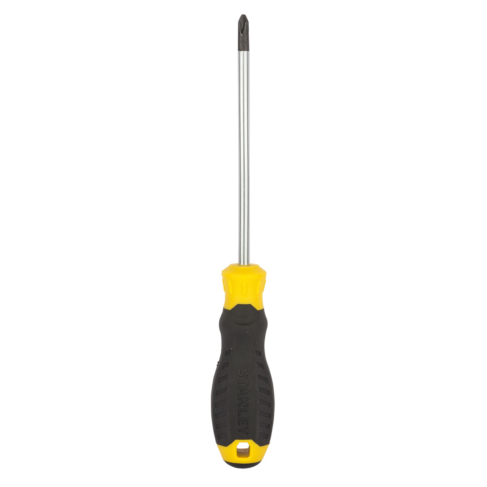STANLEY STMT60810-8 Phillips screwdriver with yellow and black handle, front angle, on white background.