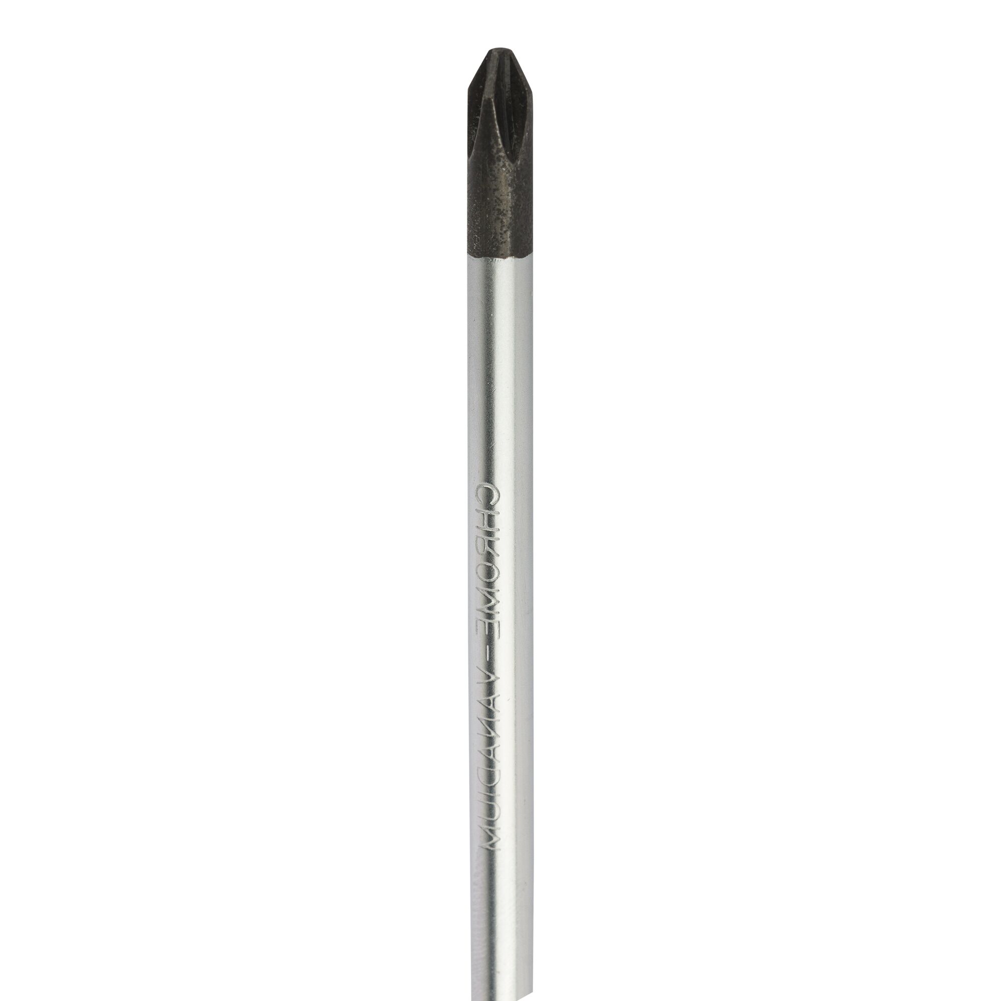STANLEY STMT60810-8 silver Phillips screwdriver shaft, black tip, product photography, front angle.