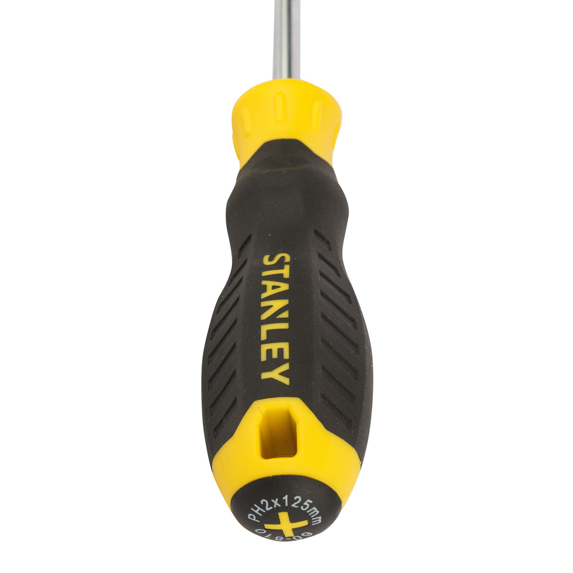 STANLEY STMT60810-8 Phillips screwdriver with black and yellow ergonomic handle, close-up top view.
