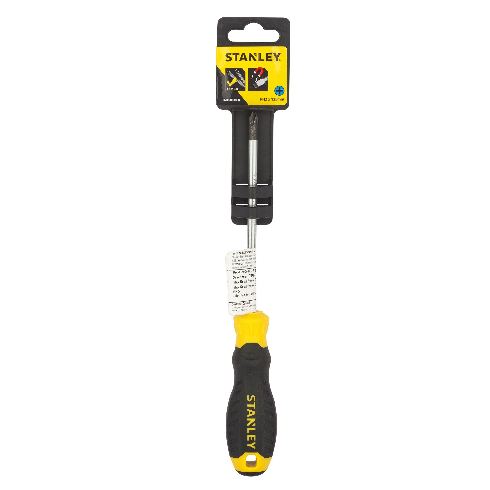 Stanley STMT60810-8 Phillips screwdriver with yellow and black handle, front view, white background.