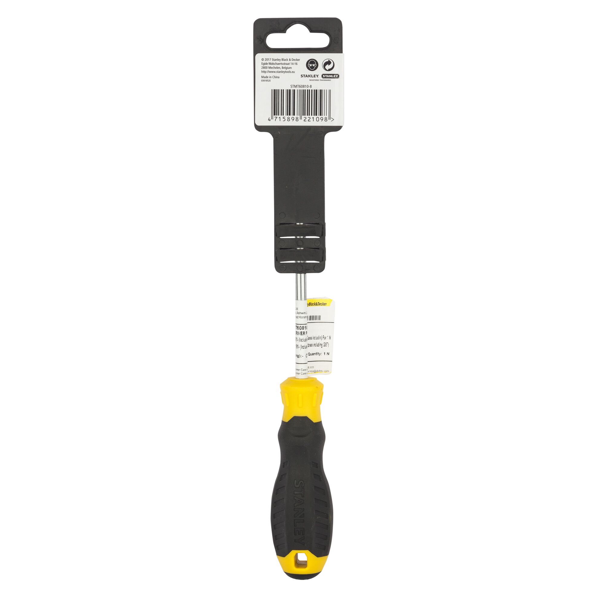 STANLEY STMT60810-8 screwdriver with black and yellow handle, front angle, white background.