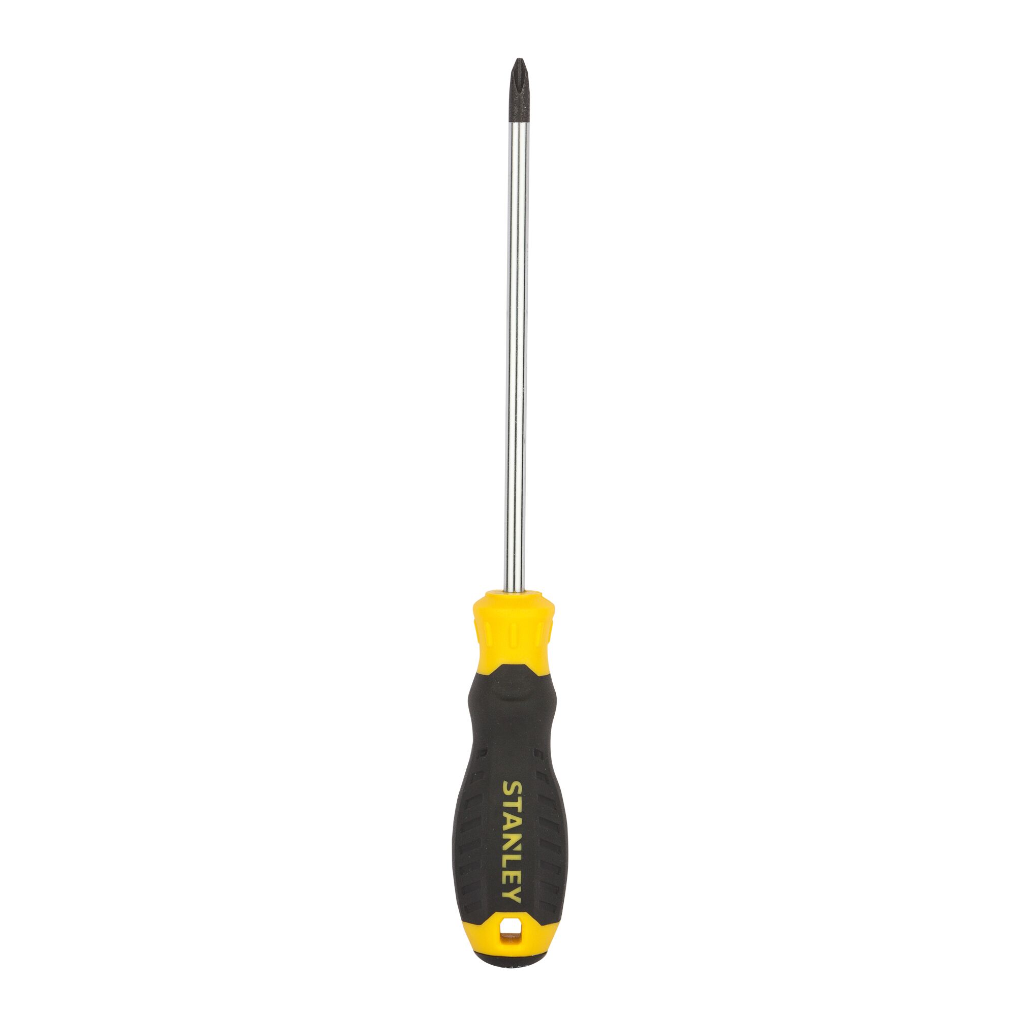 STANLEY STMT60811-8 Phillips screwdriver with black and yellow handle, front angle, isolated on white background.