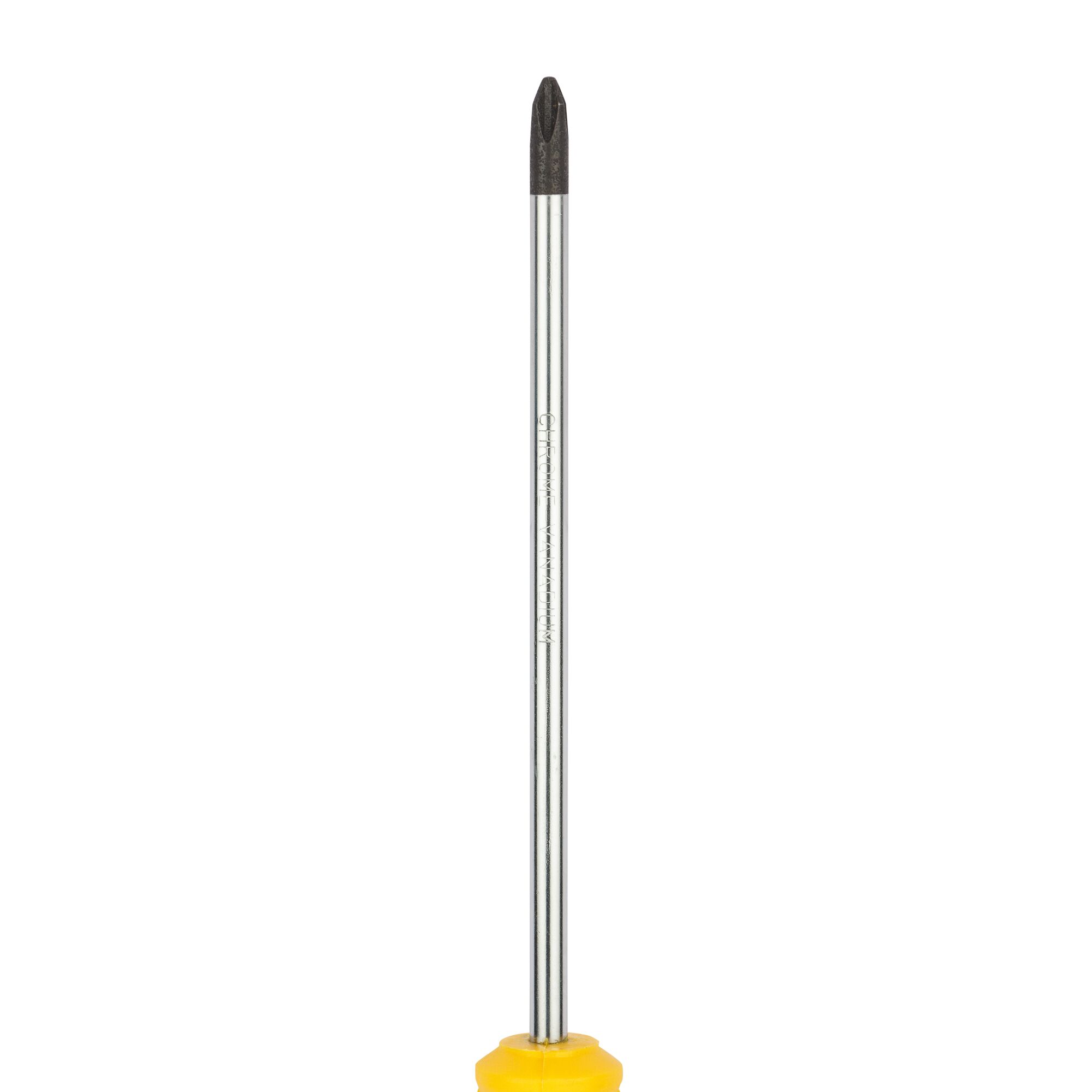 STANLEY STMT60811-8 Phillips screwdriver with yellow handle, straight-on photography on white background.