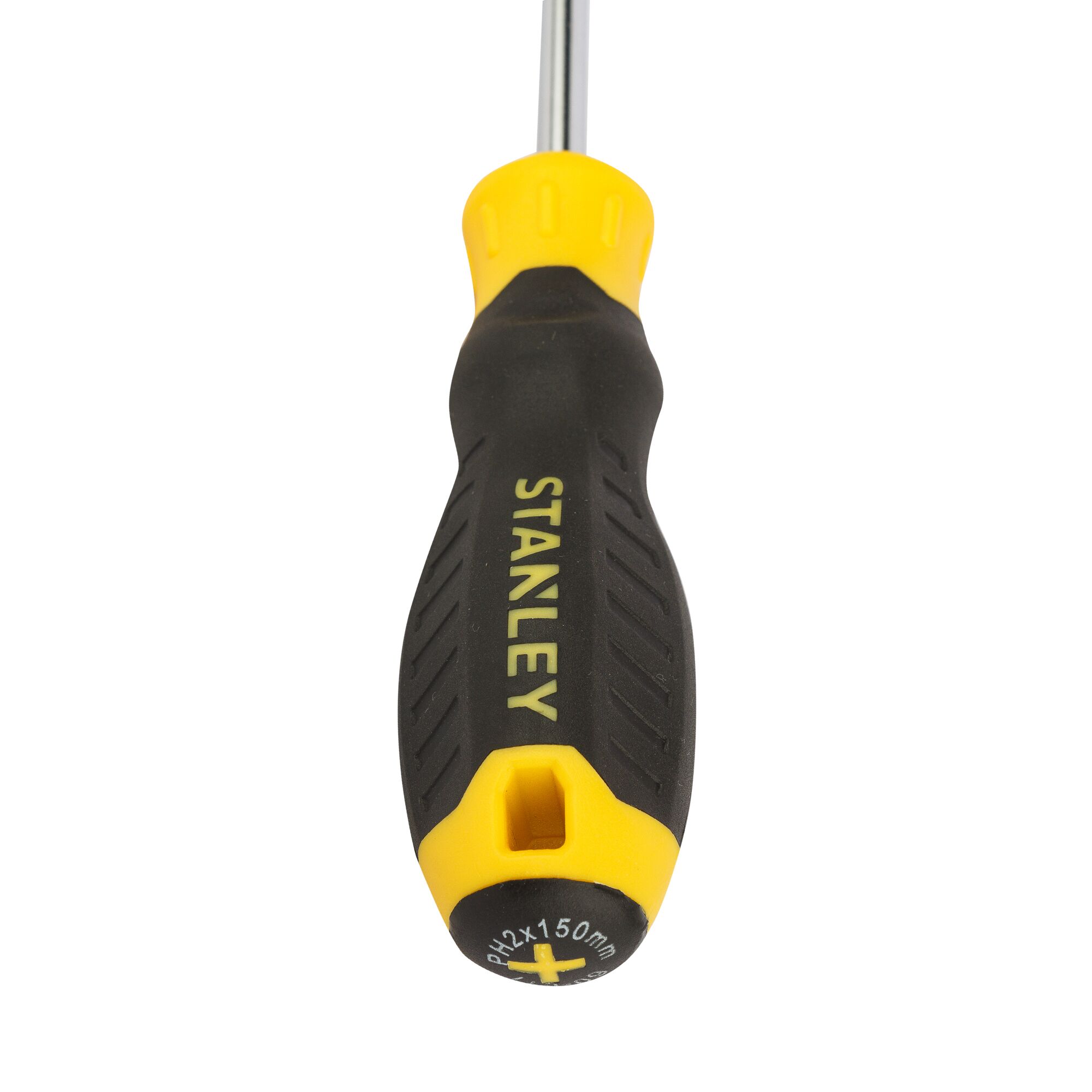 STANLEY STMT60811-8 screwdriver with black and yellow ergonomic handle, top view, white background.