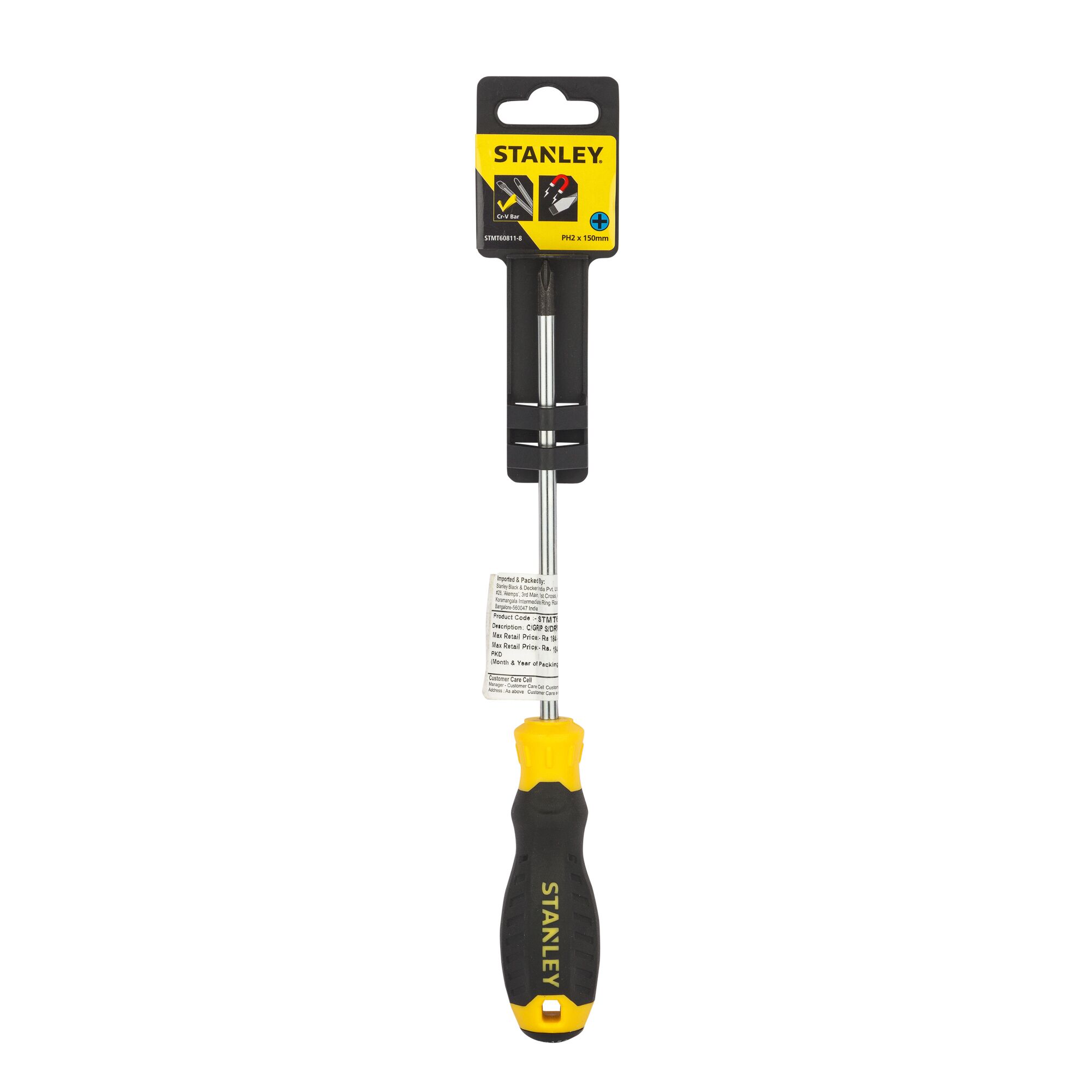 Stanley STMT60811-8 black and yellow Phillips screwdriver, front angle on white background.