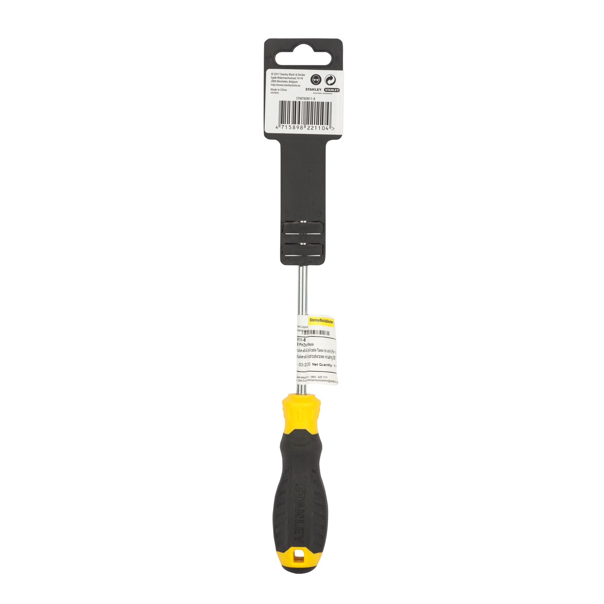 STANLEY STMT60811-8 screwdriver with black and yellow ergonomic handle, front view on white background.
